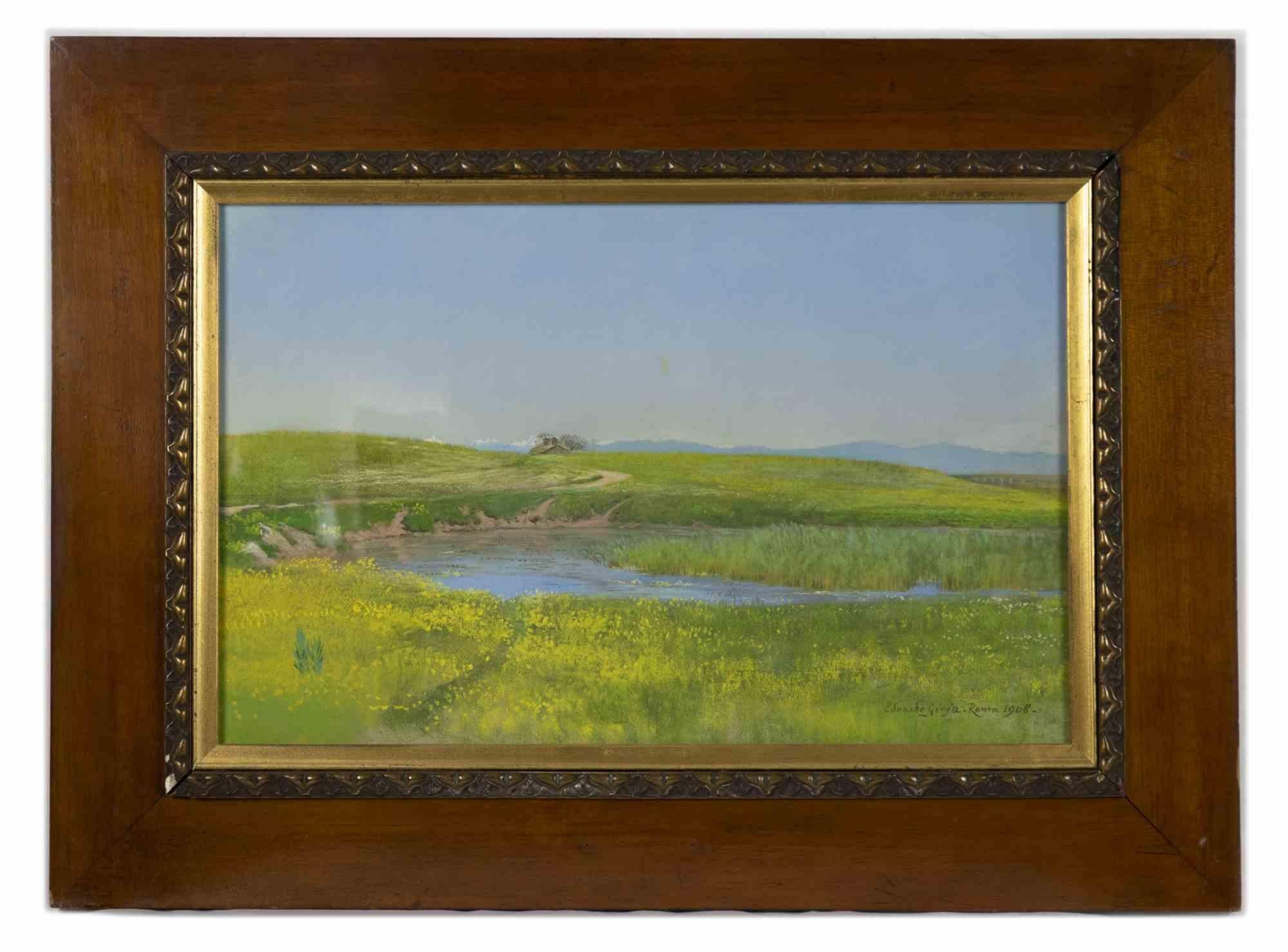 Roman Countryside - Mixed Media by E. Gioja - 1908 - Painting by Edoardo Gioja