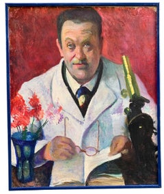 Vintage Portrait of a Doctor with a Microscope.