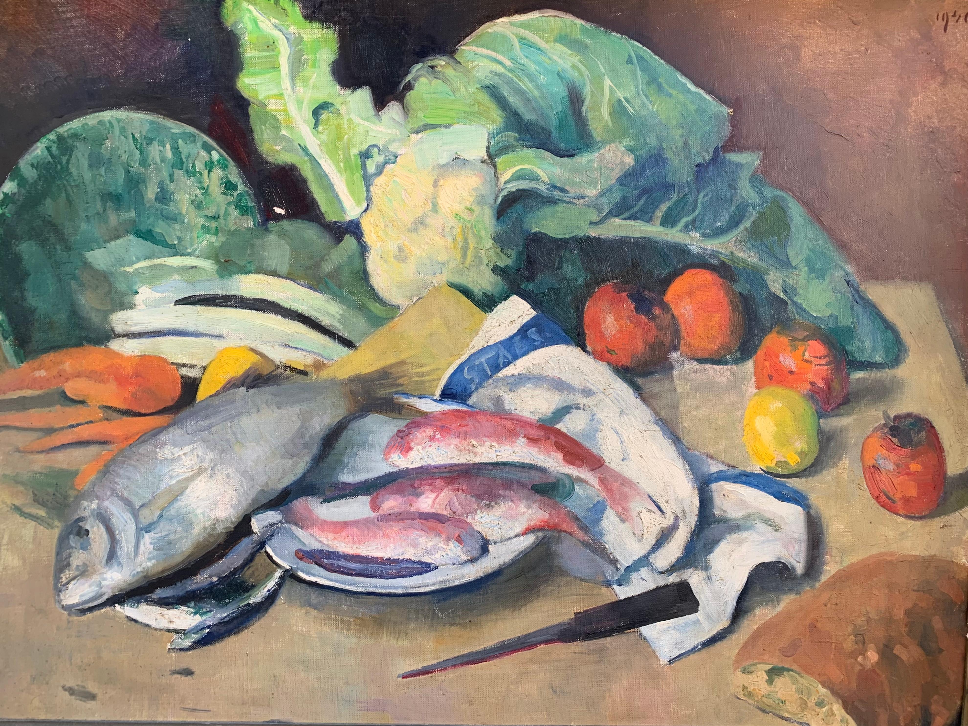 E. Gordigiani. Year 1947. Still life with sea bream,  red mullets and diospyro. For Sale 8