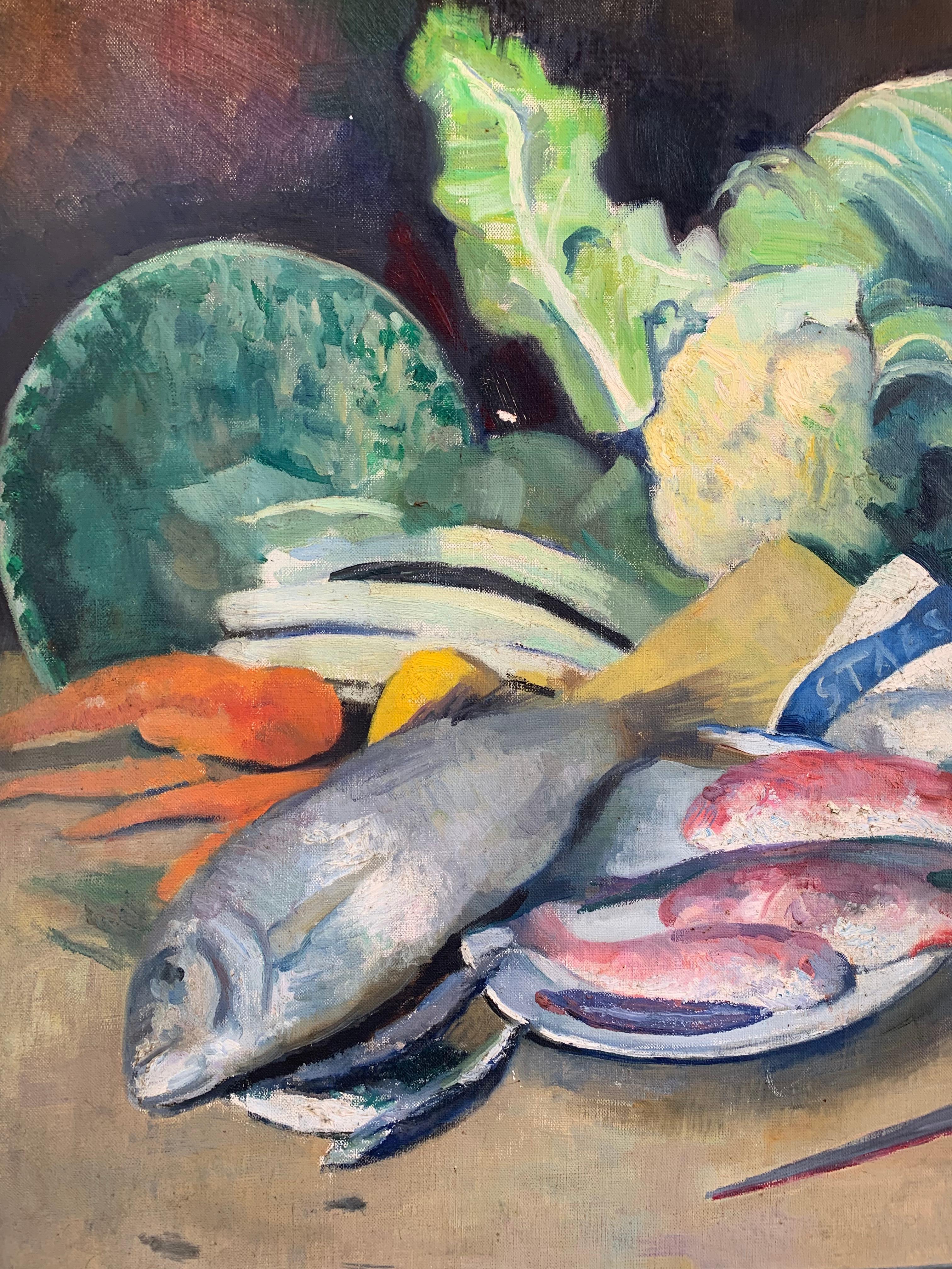 E. Gordigiani. Jahr 1947. Stilleben mit Seebrassen,  rote Meeräschen und Diospyro. – Painting von Edoardo Gordigiani