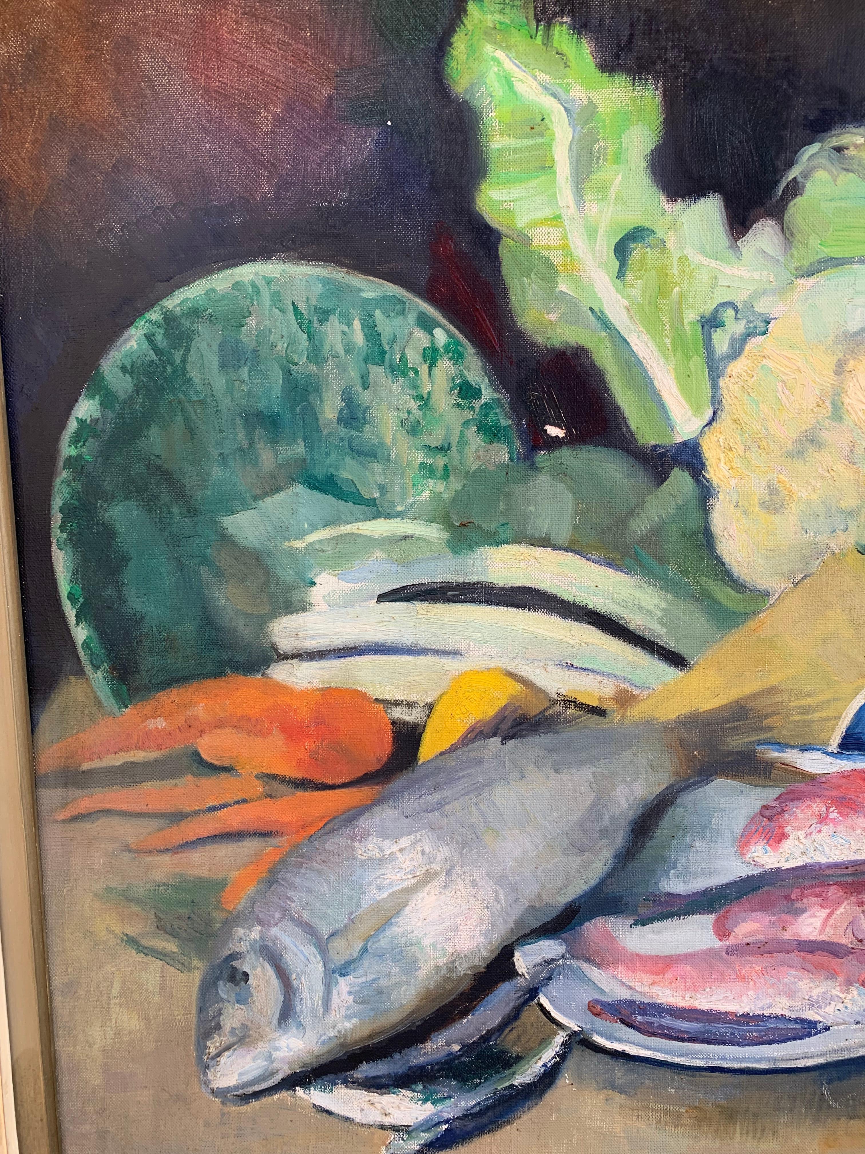 E. Gordigiani. Jahr 1947. Stilleben mit Seebrassen,  rote Meeräschen und Diospyro. (Post-Minimalismus), Painting, von Edoardo Gordigiani