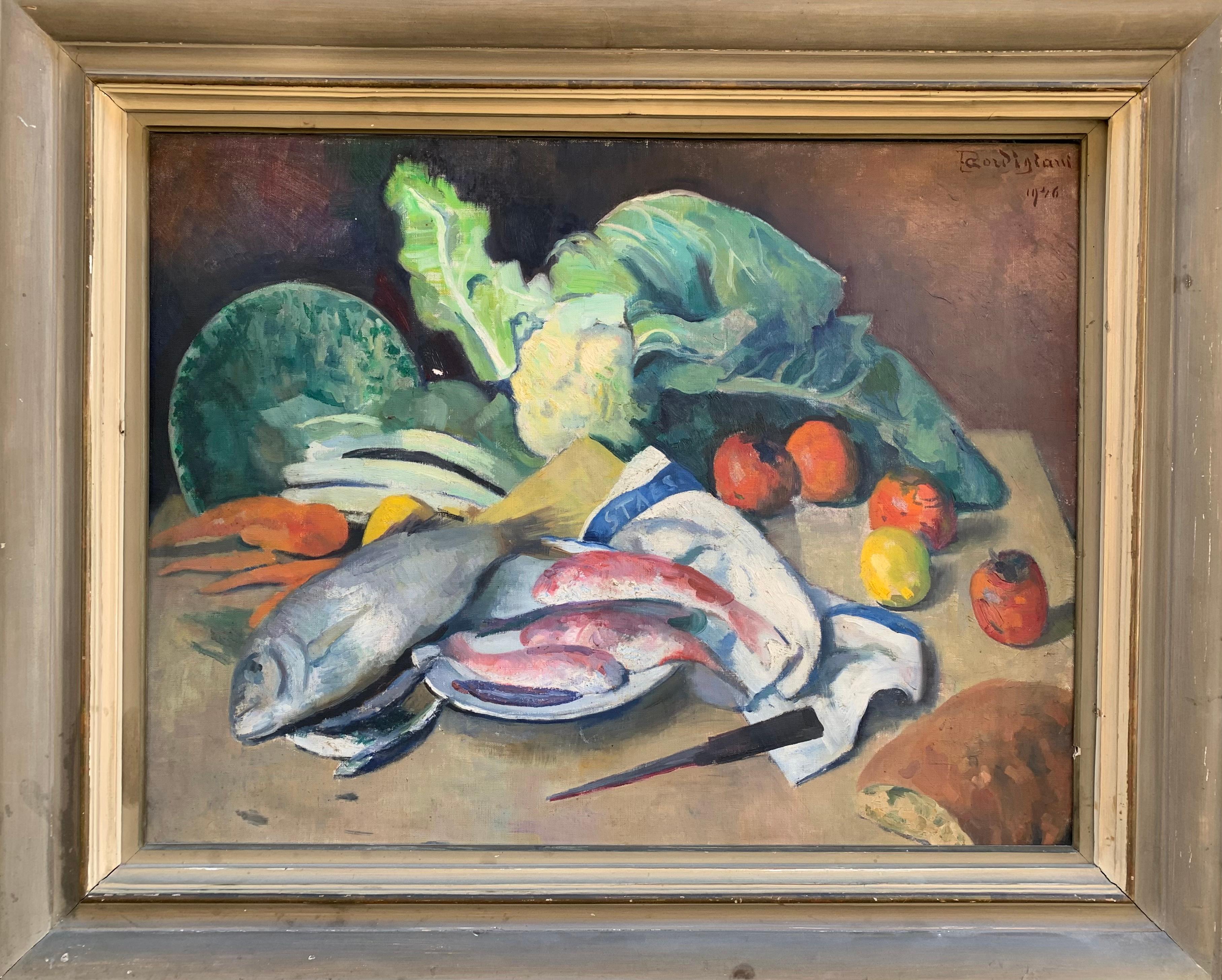 Edoardo Gordigiani Still-Life Painting – E. Gordigiani. Jahr 1947. Stilleben mit Seebrassen,  rote Meeräschen und Diospyro.