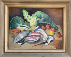 Vintage E. Gordigiani. Year 1947. Still life with sea bream,  red mullets and diospyro.