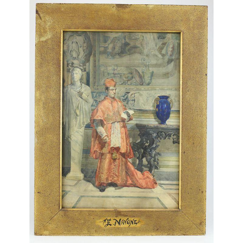 Edoardo Navone watercolor cardinal in a palace

Navone, Edoardo (Italian, 1844-1912) Watercolor on paper of a cardinal, reading a letter. Signed lower left. With the original period frame.

Additional Information:
Painting Surface: Panel