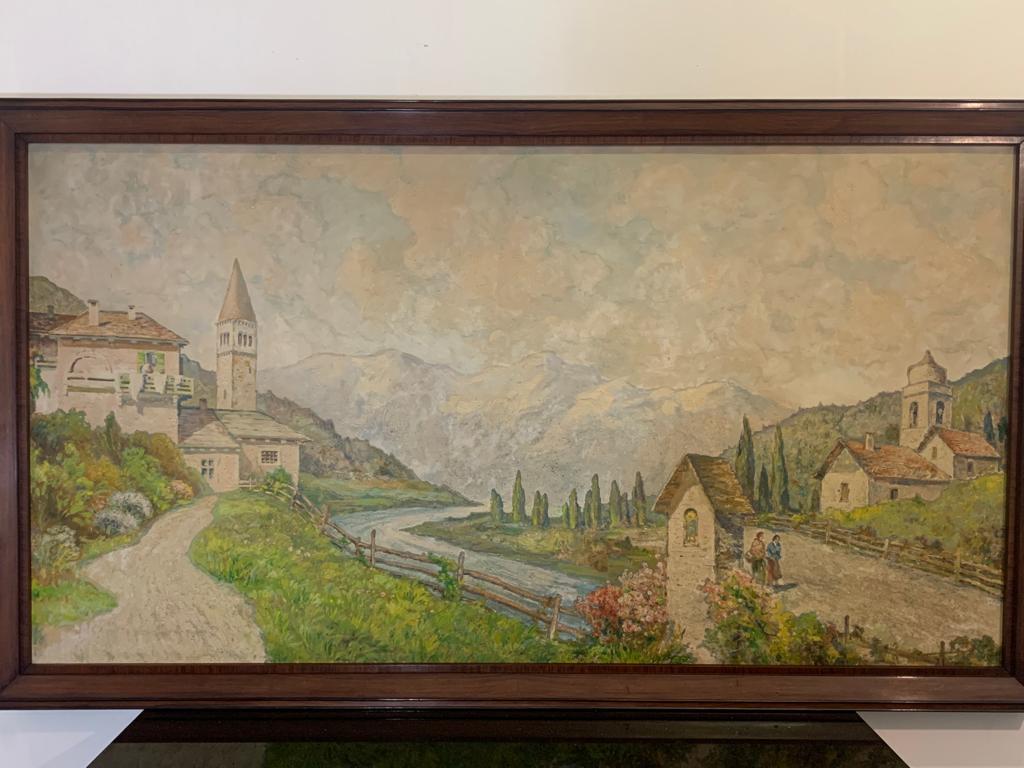 Oil painting on canvas depicting a mountain landscape in Divisionist technique, 1920s. It is unsigned; in style and subject it is close to the works of Brescian painter Edoardo Togni (1884-1962). Art Deco style rosewood frame. Without the frame the