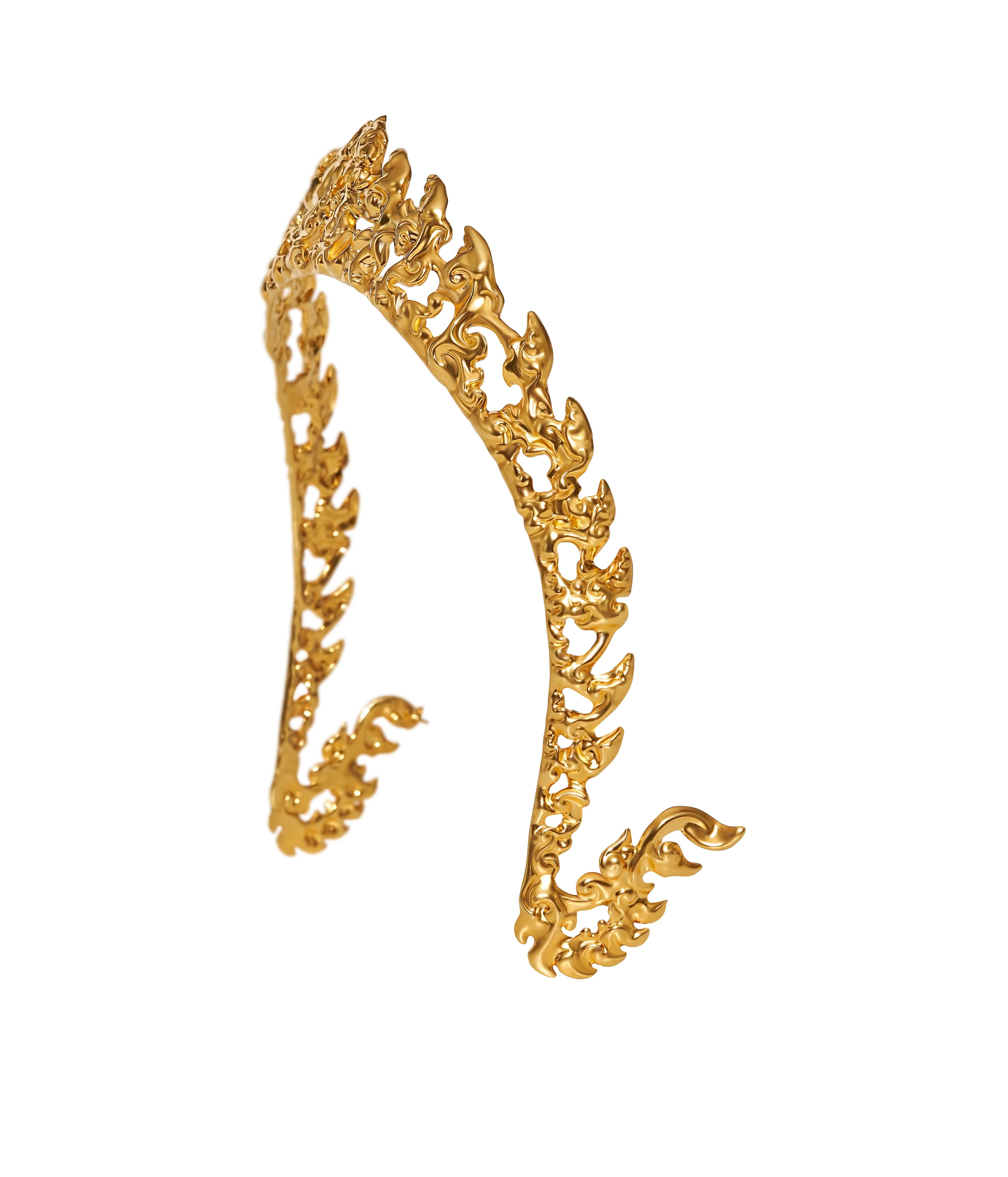 ○ 18k gold-plated ○ High quality and shiny finish ○ Features carvings of motifs inspired by Angkorian art  ○ Structurally shaped to be distinctively cultural ○ Features the naga tail on both ends  ○ Slim physique ○ Secure using two loops at each end