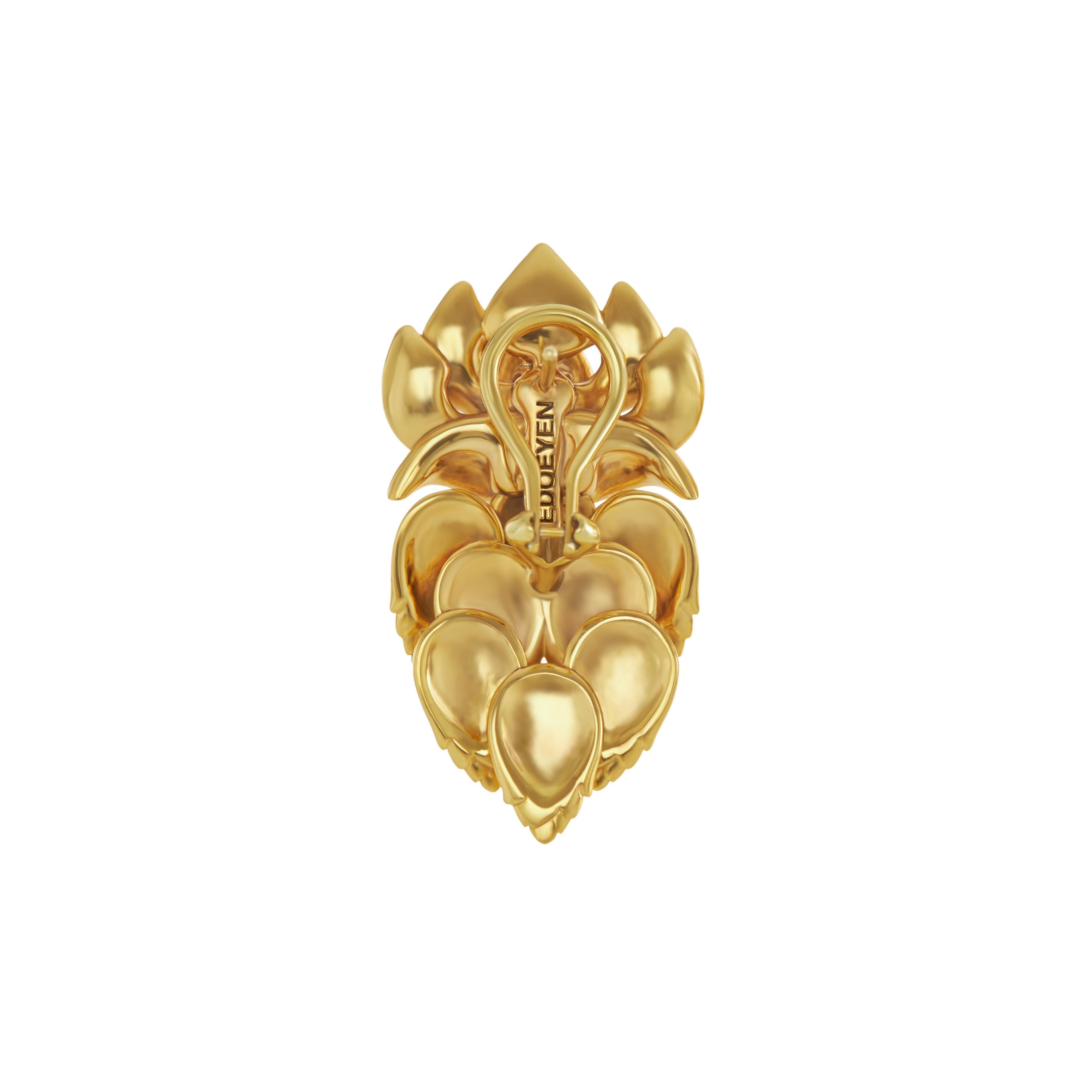 ○ 18k gold-plated ○ High quality and shiny finish ○ Architecturally shaped for a high-relief sculptural effect ○ Features the revered lotus flower capturing its beauty in two life phases ○ Oversized clip and post for added luxe and stability ○