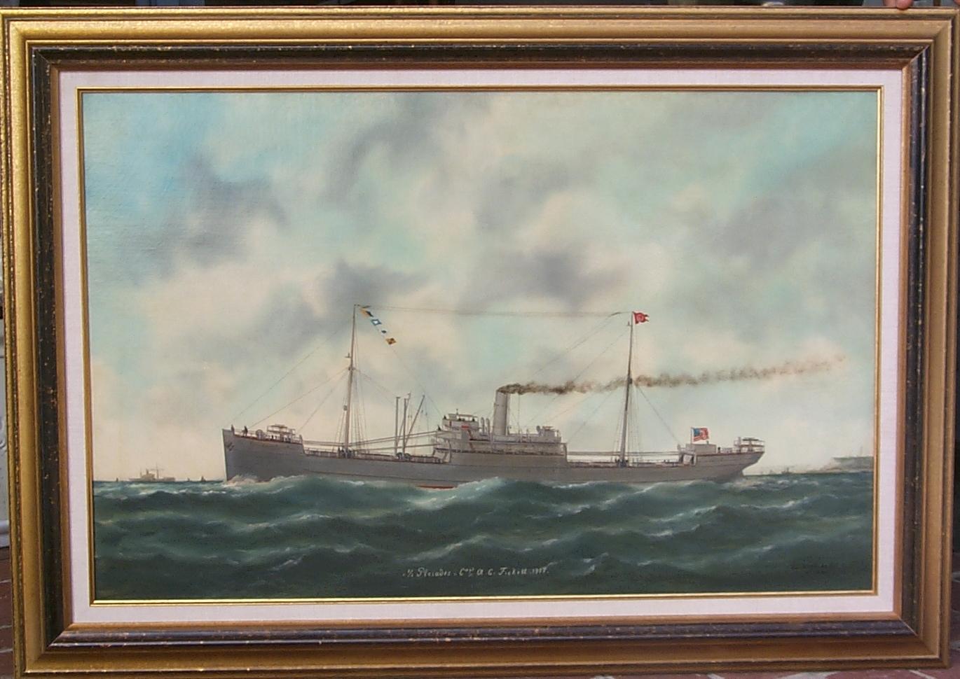 American Merchant Ship S.S. PLEIADES, Later WWI US Navy Ship USS PLEIADES - Other Art Style Painting by Edouard Adam Jr.