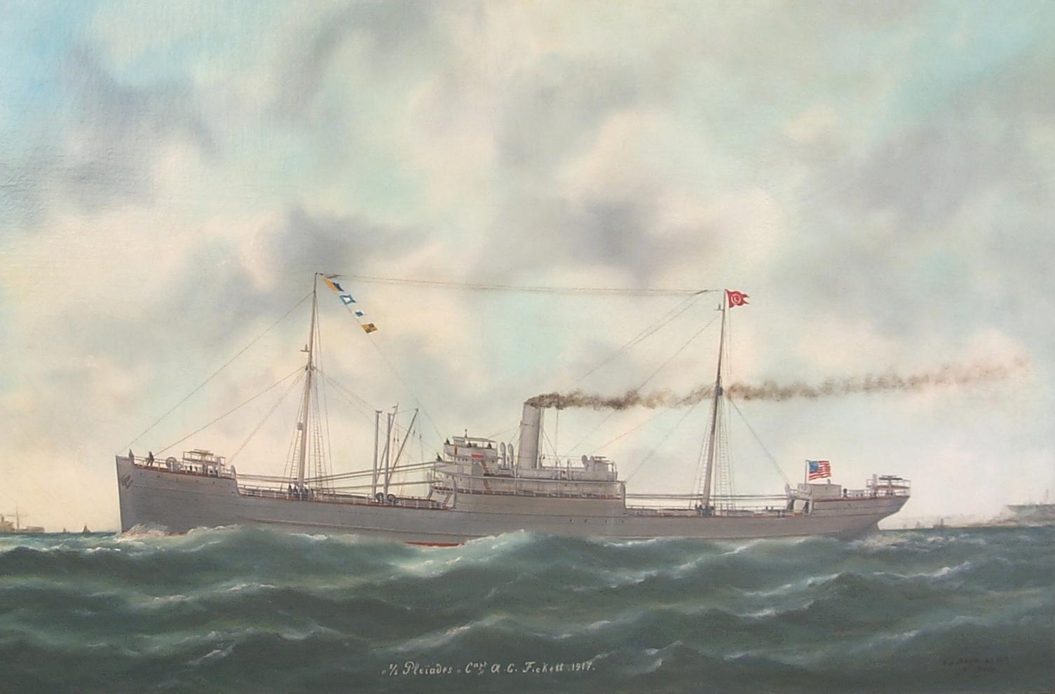American Merchant Ship S.S. PLEIADES, Later WWI US Navy Ship USS PLEIADES - Painting by Edouard Adam Jr.