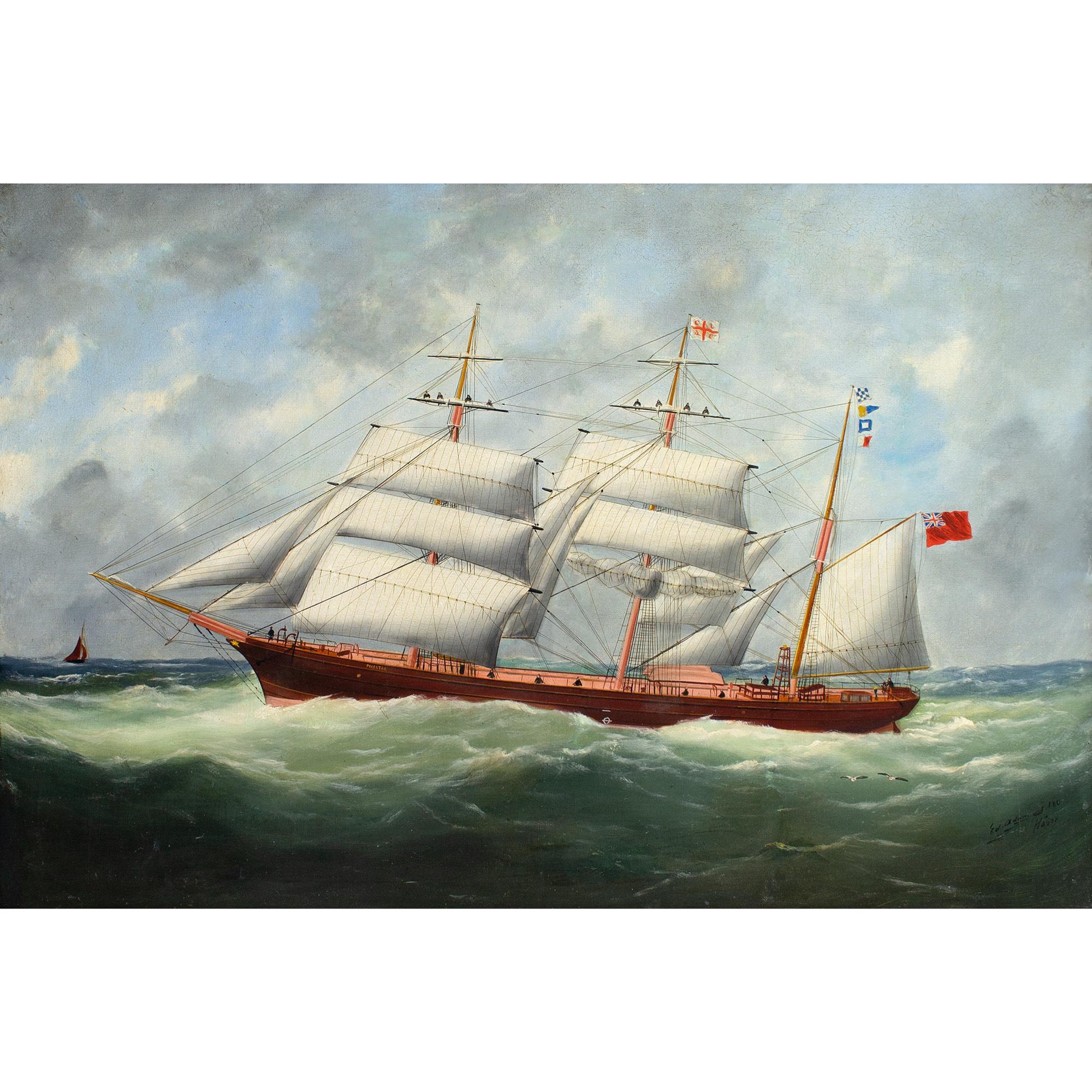 Édouard Adam, The Iron Barque Polestar In Full Sail - Painting by Edouard Adam