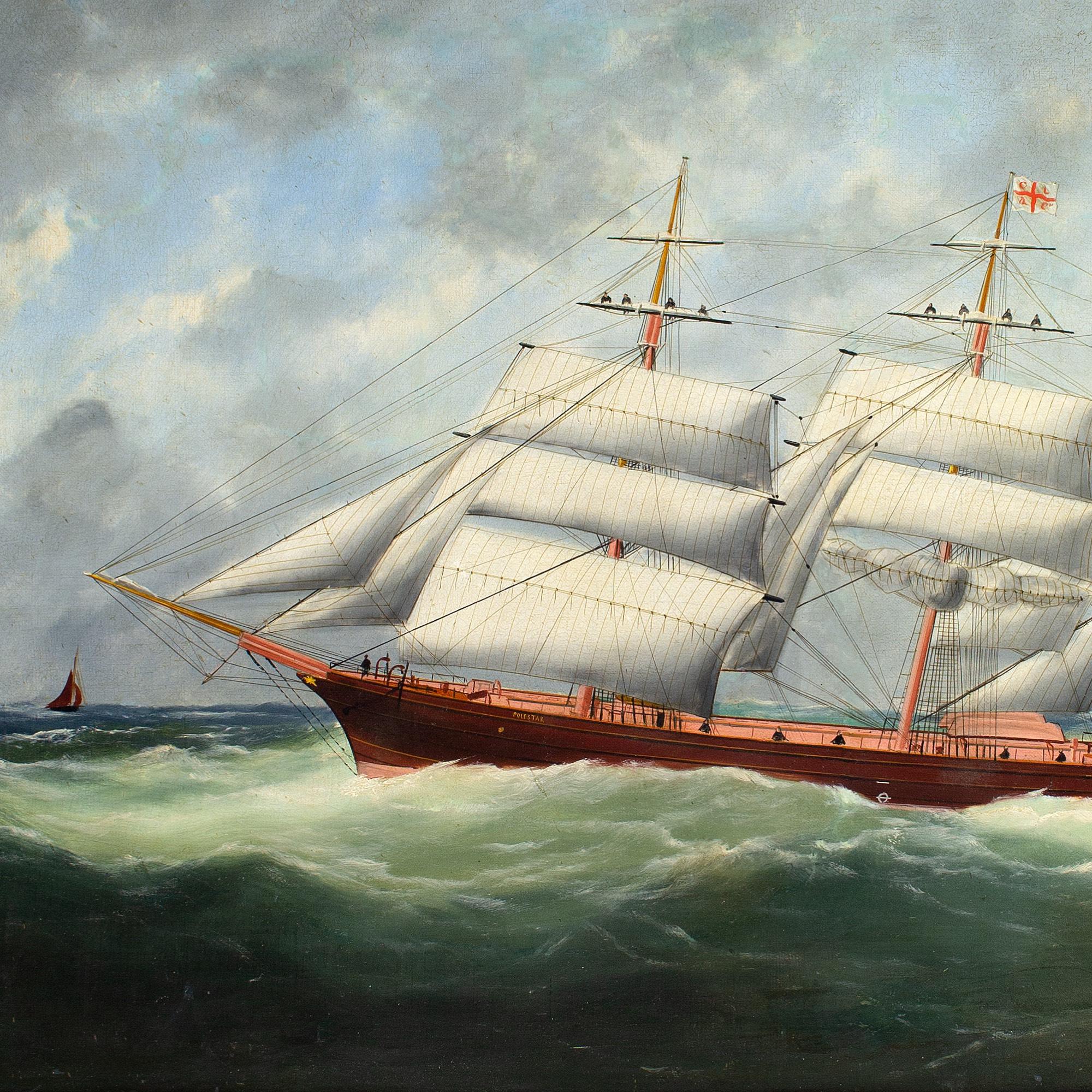 This charming late-19th-century oil painting by French artist Édouard Adam (1847-1929) depicts the Polestar, an iron barque, in full sail. Adam was a notable ‘pierhead painter’ of marine portraiture.

Built in 1858 by Samuelson of Hull, the Polestar