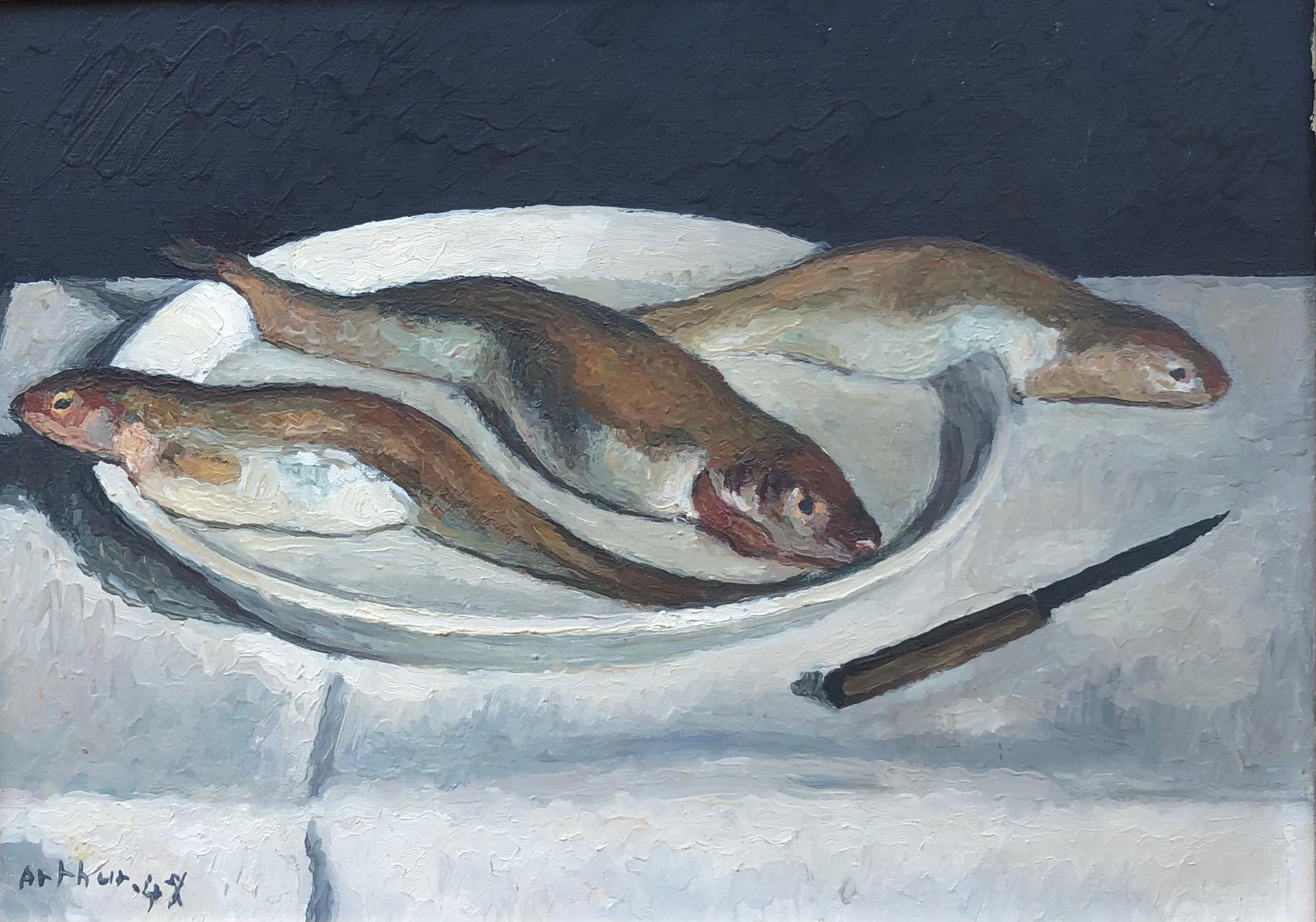 Still-Life Painting di Edouard Arthur - Piatto di pesce