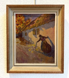 Autumn Walk Oil Painting on Cardboard, Framed, Circa 1910-1919
