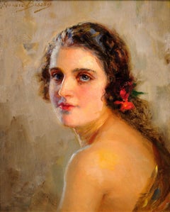 Il bagliore del giorno dopo Un sensuale dipinto francese dell'età dell'oro di una brunetta Circa 1910