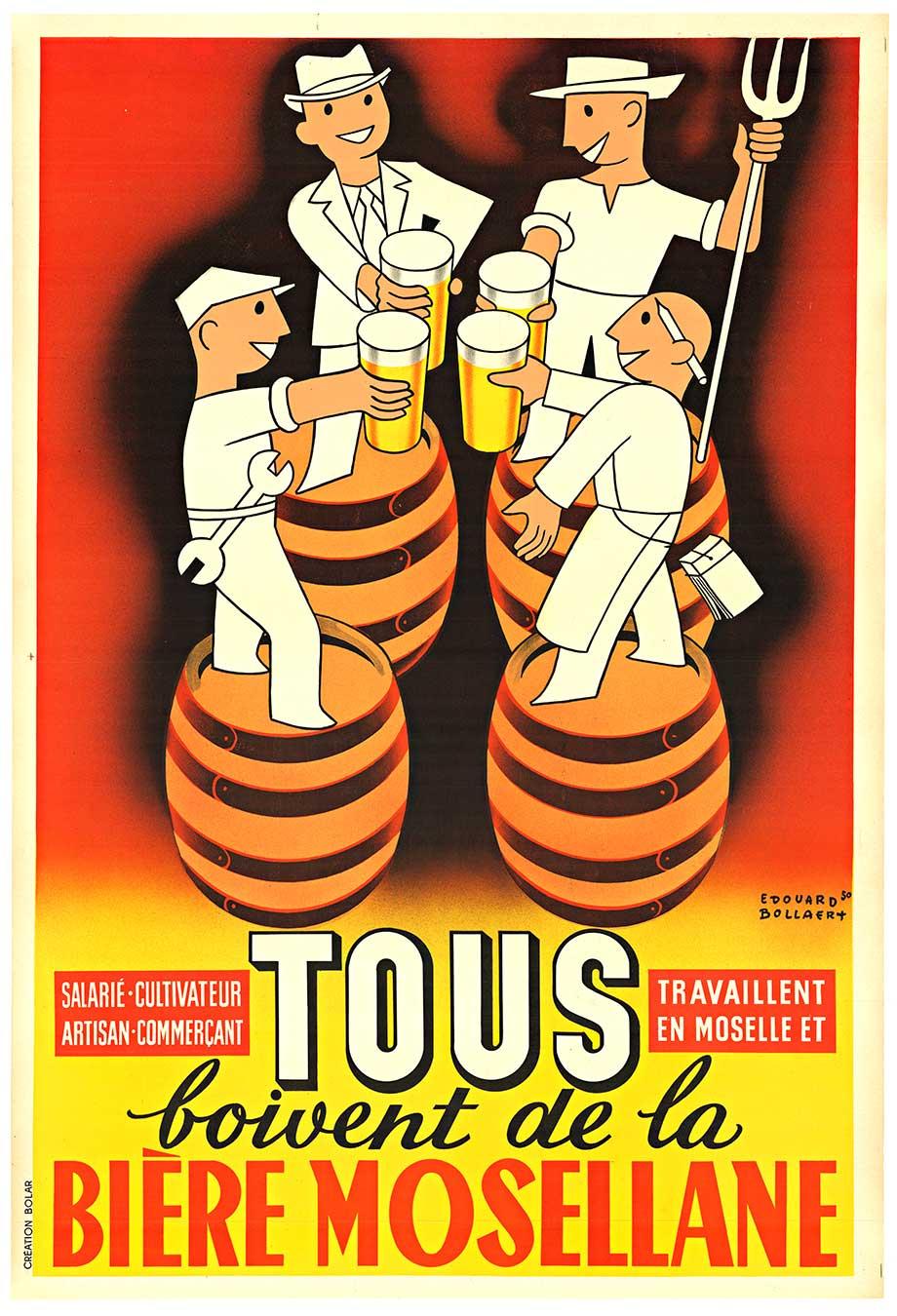 Origiinal Biere Mosellane (Todo el mundo bebe cerveza Mosellane) cartel francés vintage en venta 1