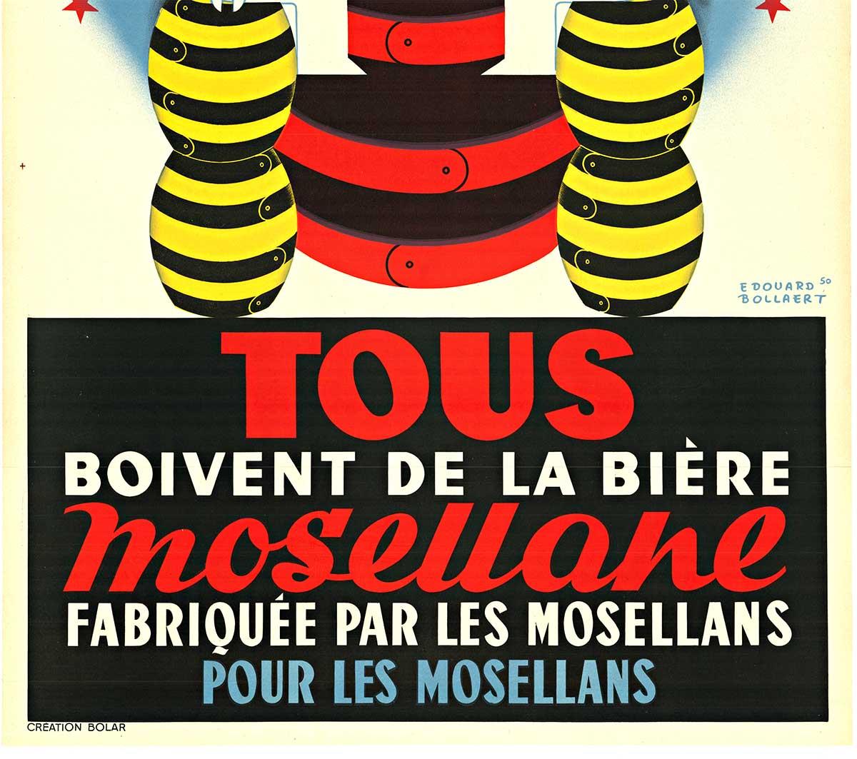 Cartel antiguo francés original de Mosellane Biere (Cerveza) (versión en blanco) - Print Art Decó de Edouard Bollaert