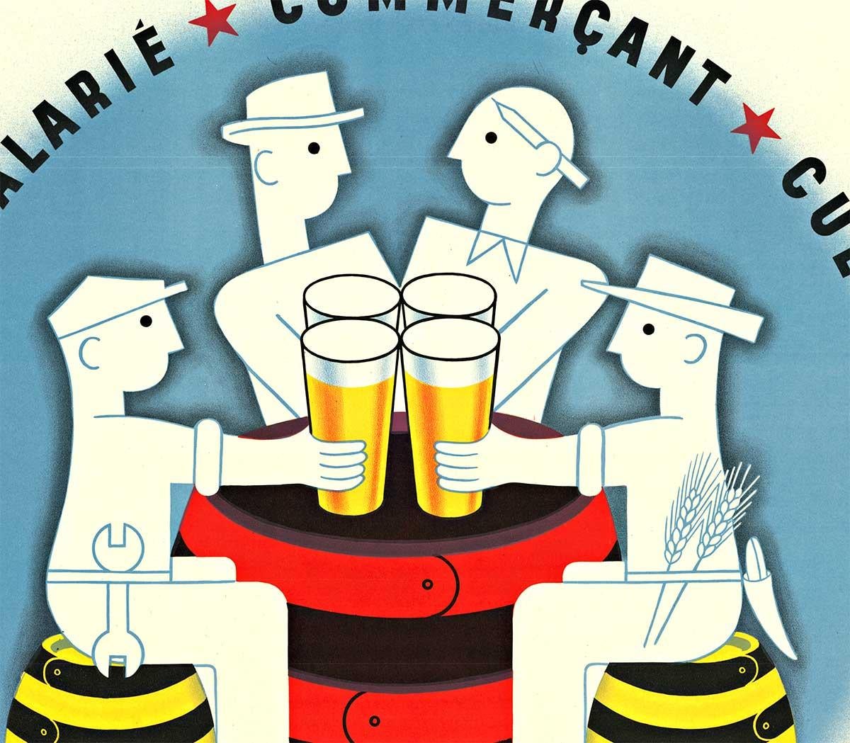 Original Tous Boivent de la Bière Mosellane 1950 Cartel de cerveza vintage francés. Con soporte de lino de calidad A, listo para enmarcar. Este póster no tiene daños ni ha sido restaurado. Artista: Edouard Bollaert. Tamaño: 47