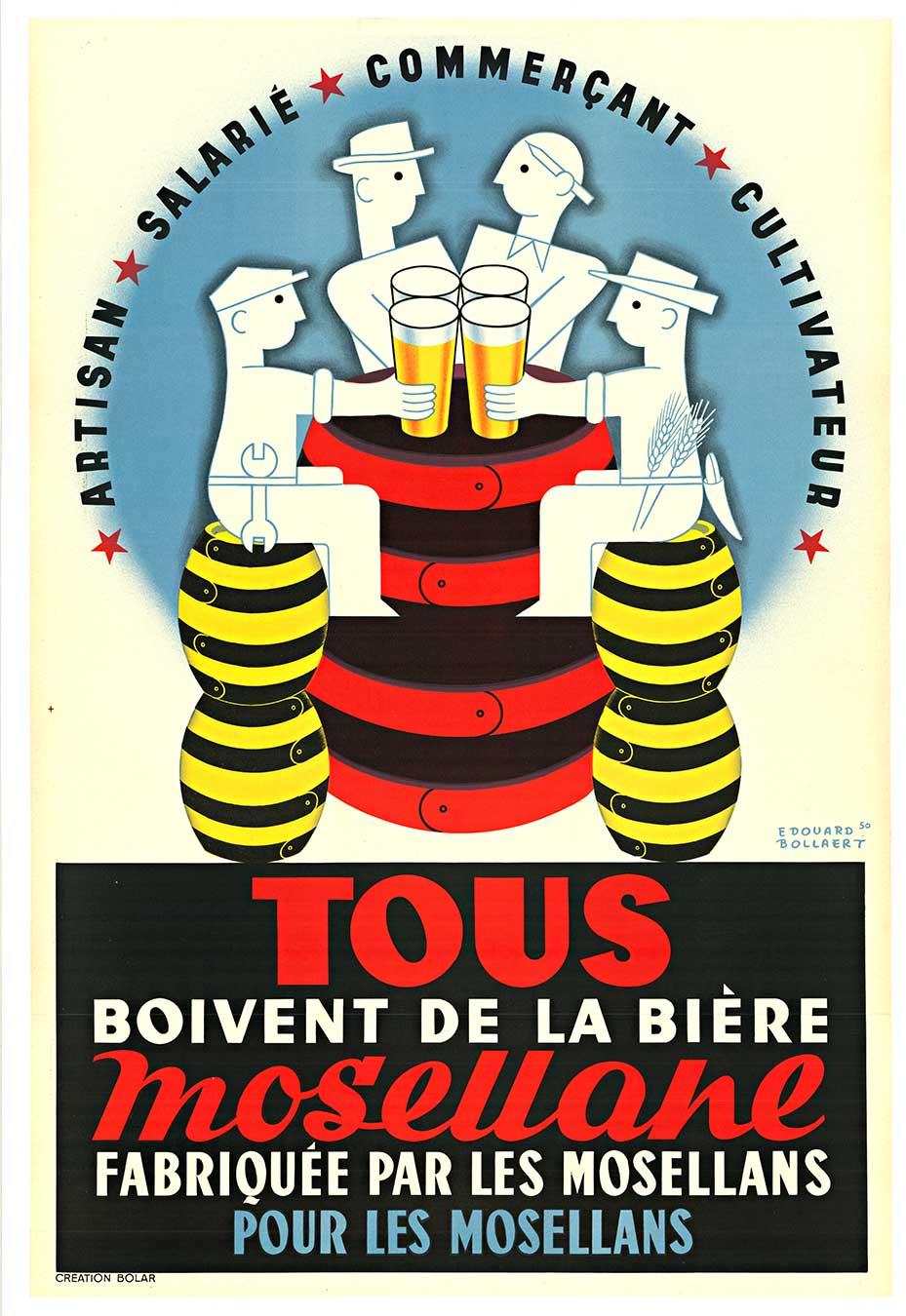 Cartel antiguo francés original de Mosellane Biere (Cerveza) (versión en blanco)