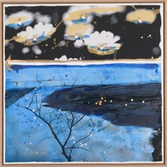 The distant blue, Abstract Painting by Edouard Buzon, Wood, Varnish and Pigments