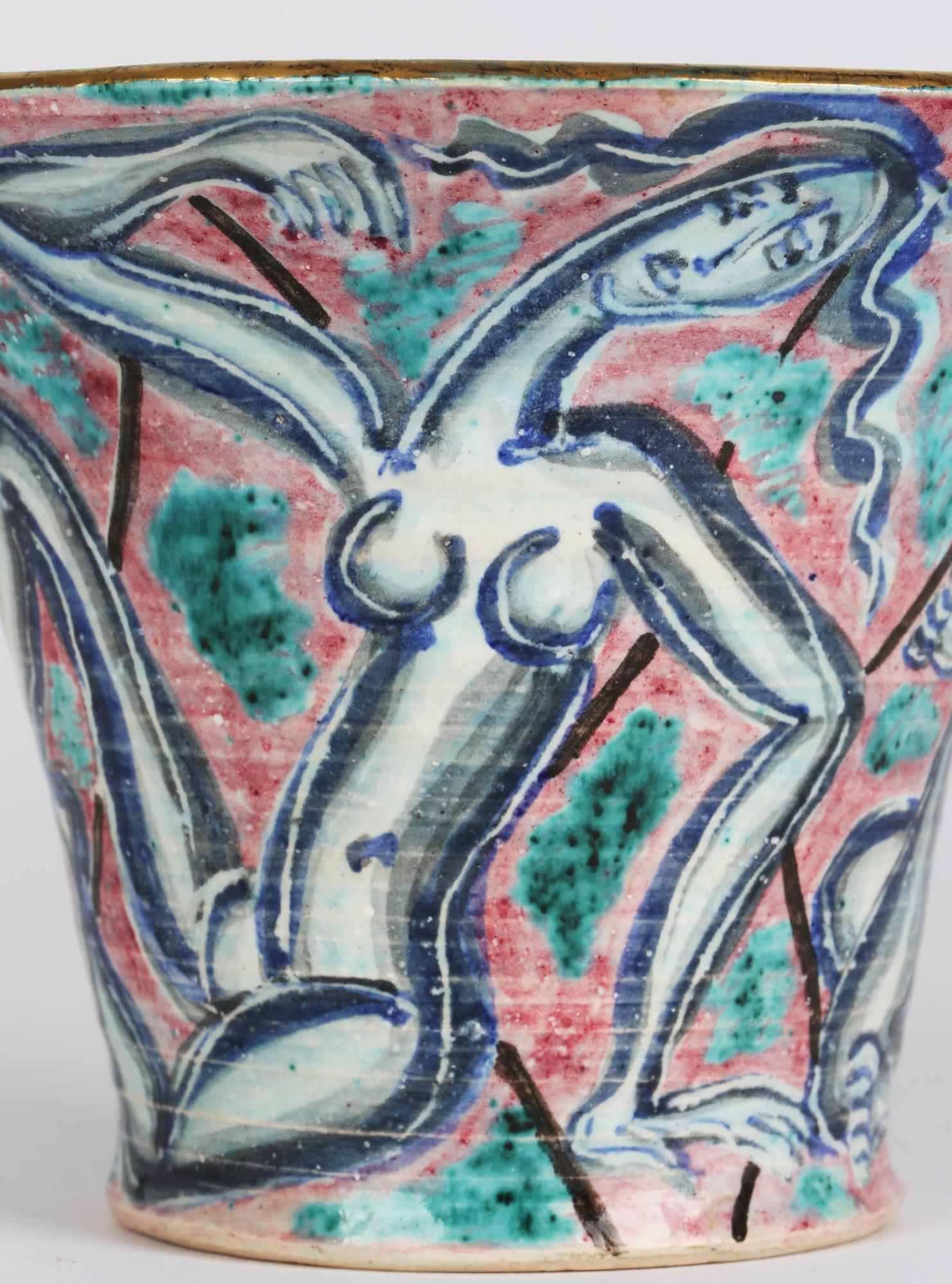 French Édouard Cazaux Art Deco Nude Painted Pottery Vase