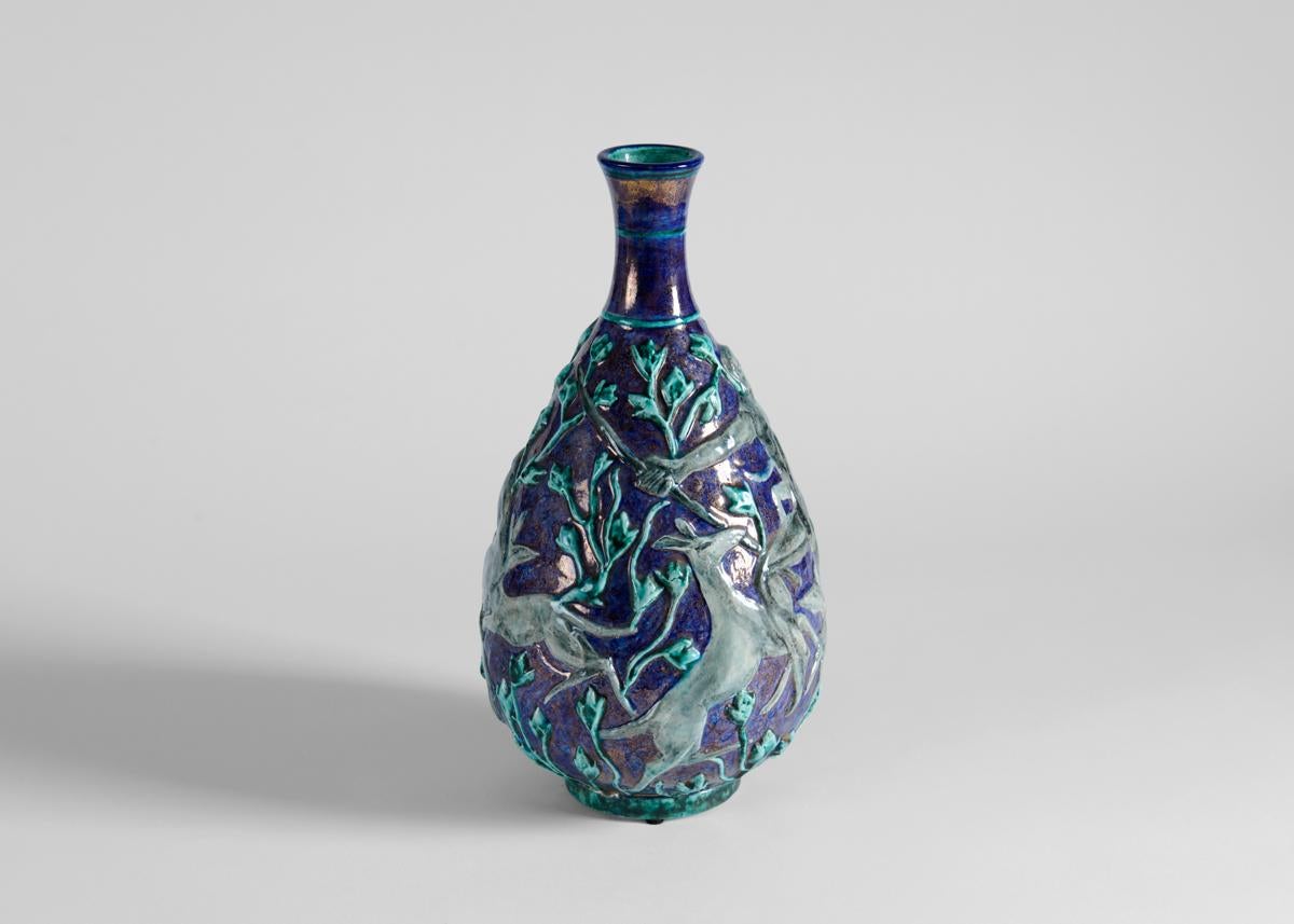 Vernissé Edouard Cazaux, vase Art déco en porcelaine émaillée anciennement, France, années 1930 en vente