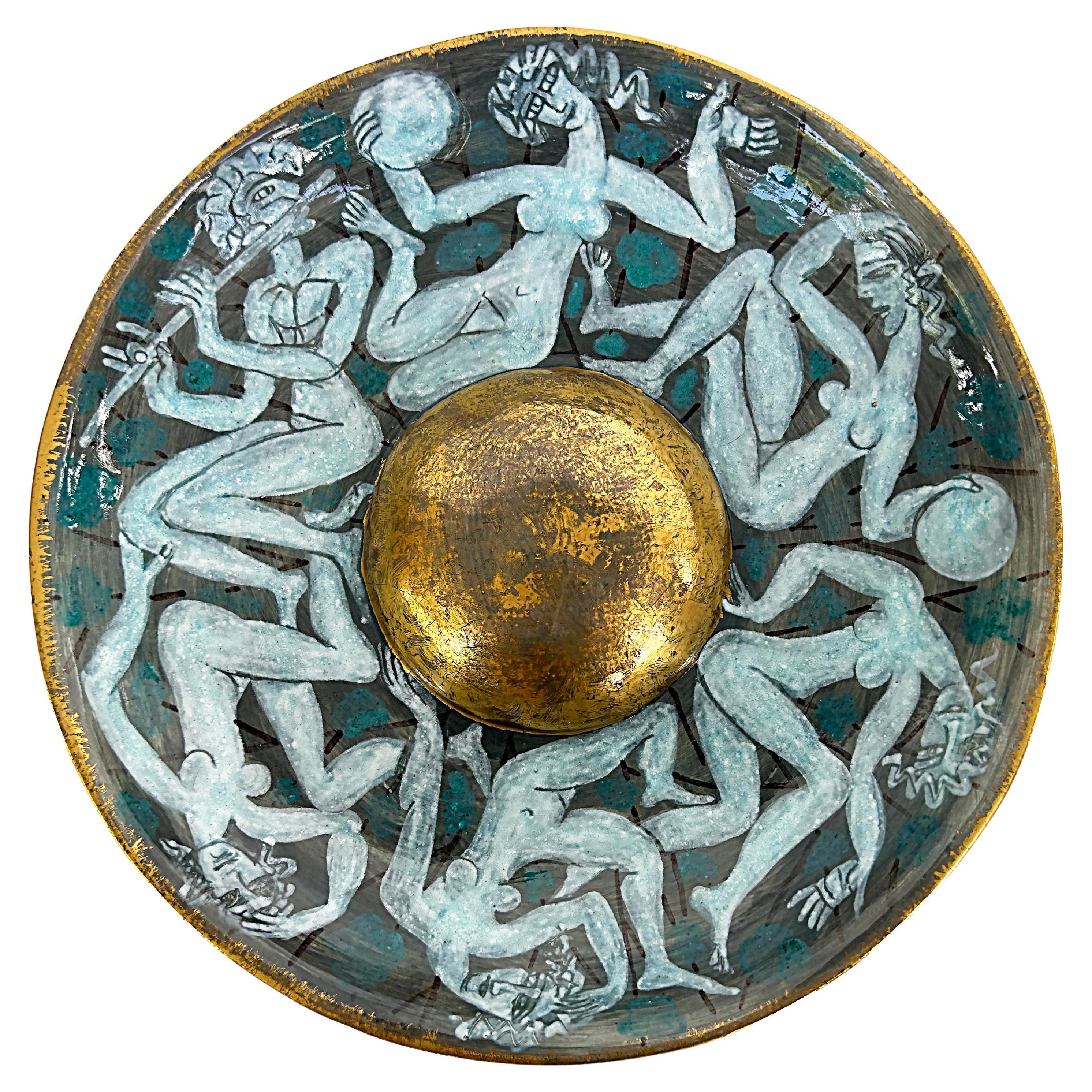 Edouard Cazaux French Ceramic Gilt Centerpiece Platter with Figures
