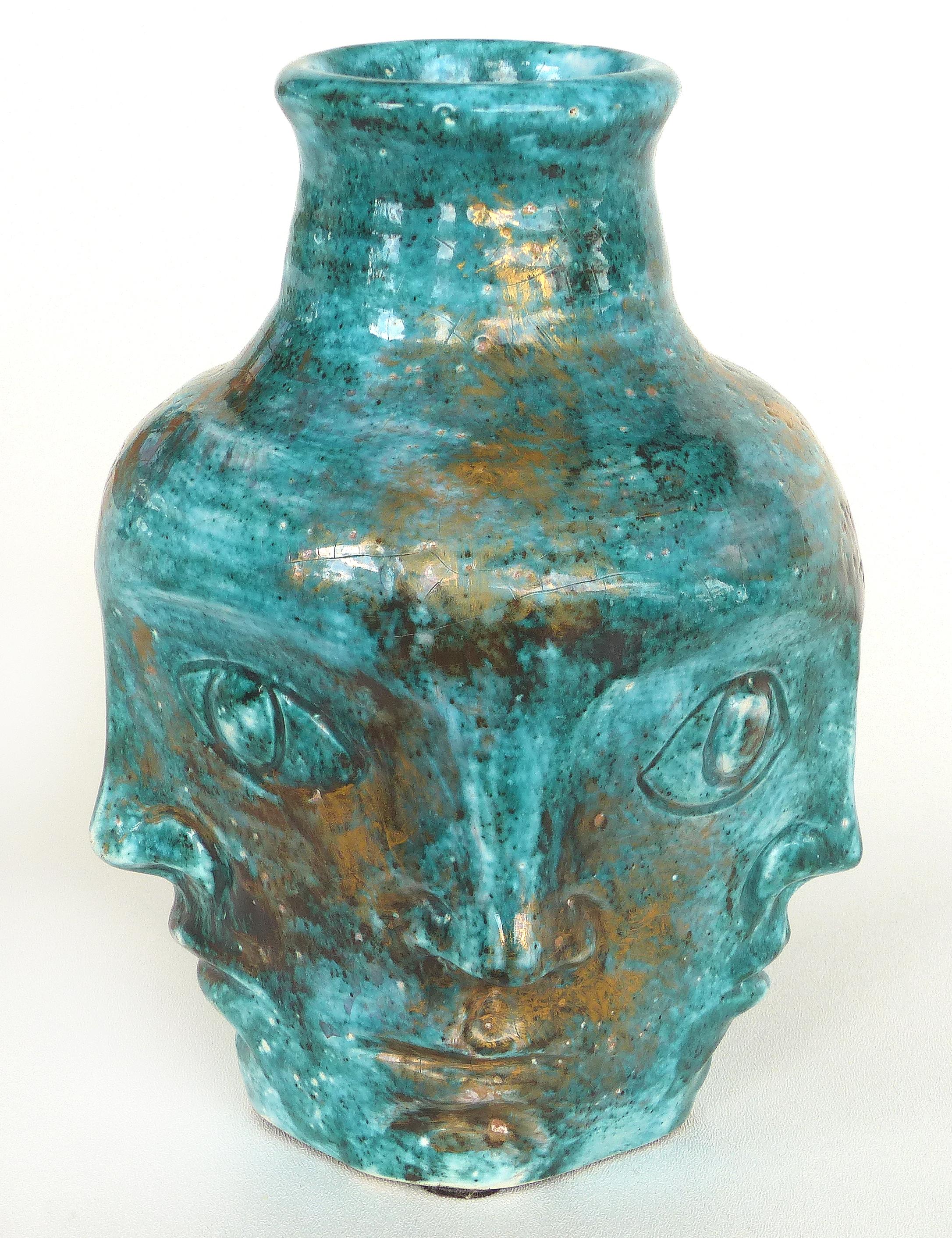 Mid-Century Modern Edouard Cazaux French Midcentury Ceramic Vase with Faces