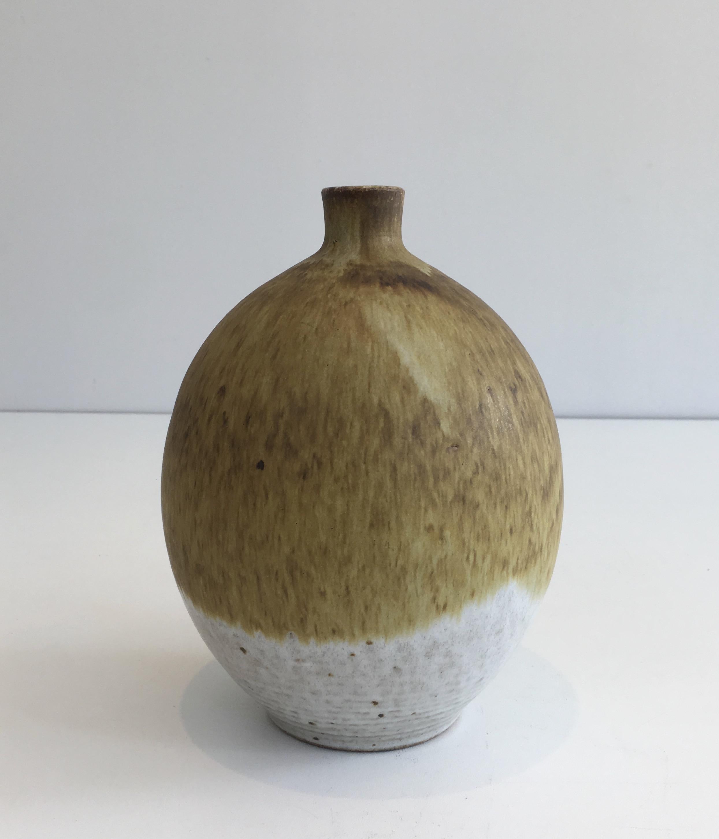Edouard Chapallaz. Small sandstone single-flower vase. Signed by Swiss Artist Edouard Chapallaz and stamped CHAPALLAZ DUILLIER. Switzerland. Circa 1950.