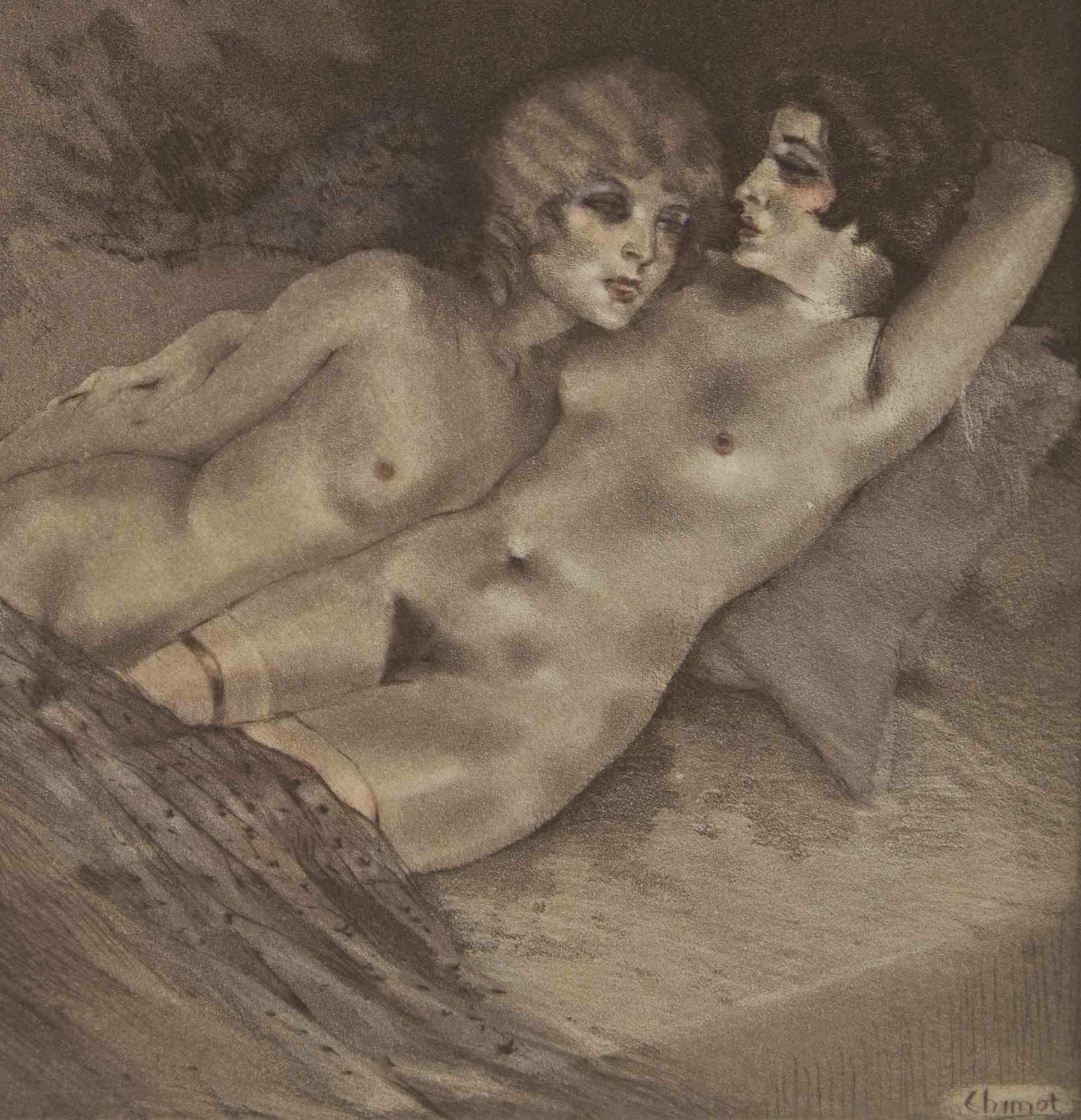 Couple - Etching by Edouard Chimot - 1930s For Sale 1