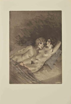Couple - Etching by Edouard Chimot - 1930s