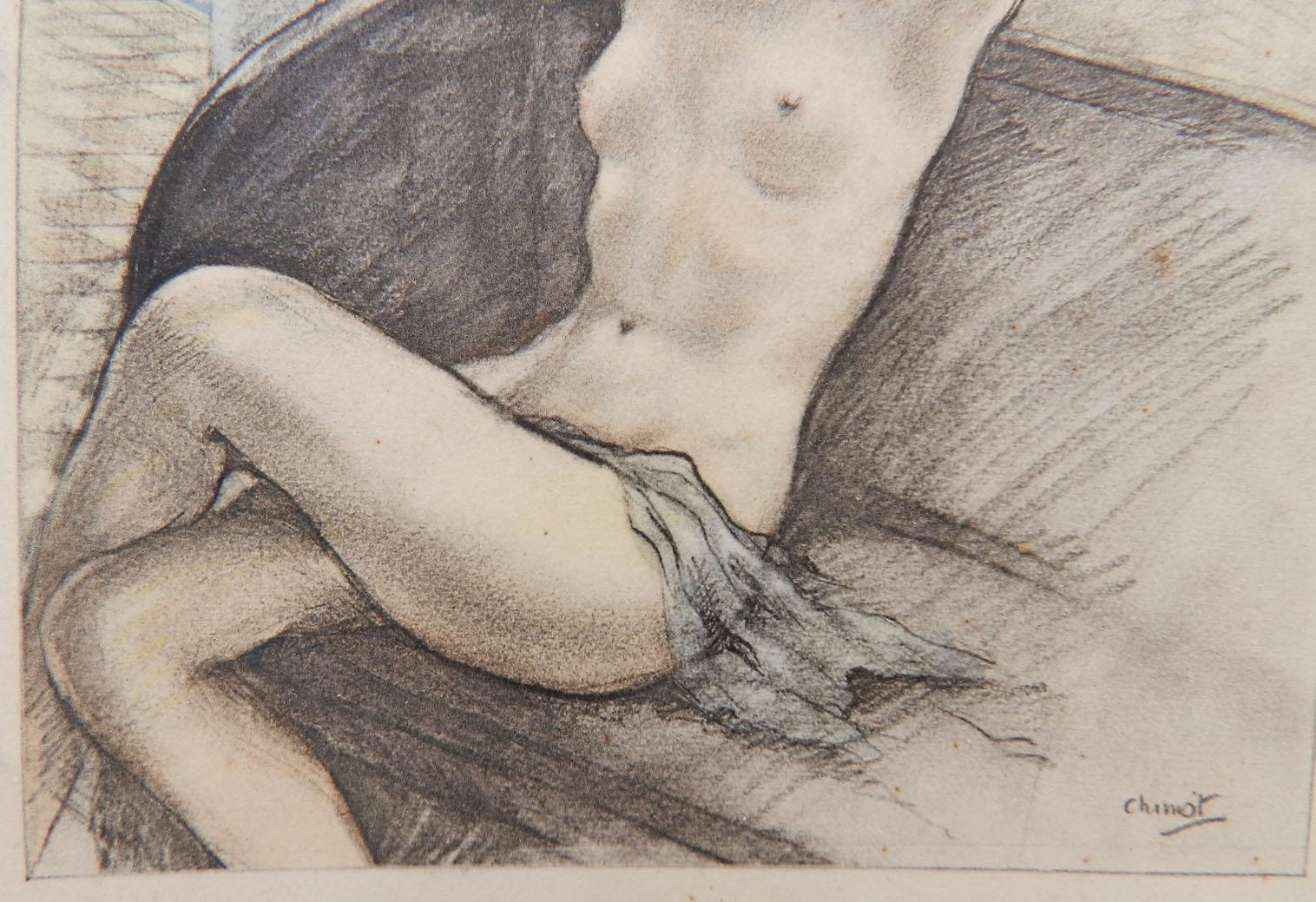 Nude Lithograph Print by Edouard Chomet c1936 Art Deco Erotica 
Signed in the plate
From the well known printer to Artists of the era Emile Chamontin Paris with original stamp on the back
Unframed on paper
Actual image measures 11.25cms 4.43ins high