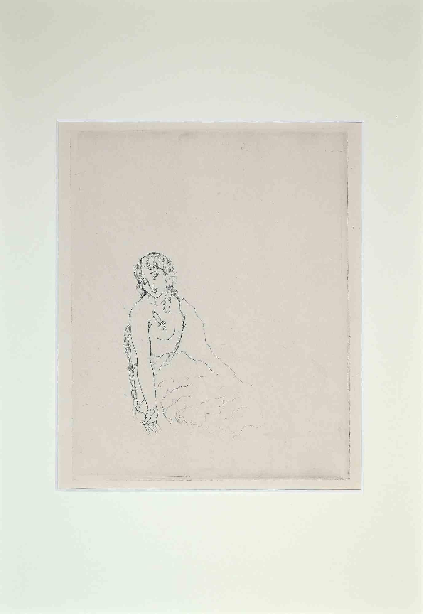 For Herodias of G. Florent is an original etching realized by Edouard Chimot in 1936.

The artwork is an etching, artist test before plate reduction.

Good condition included a white cardboard passpartout (49x34 cm).

No signature.