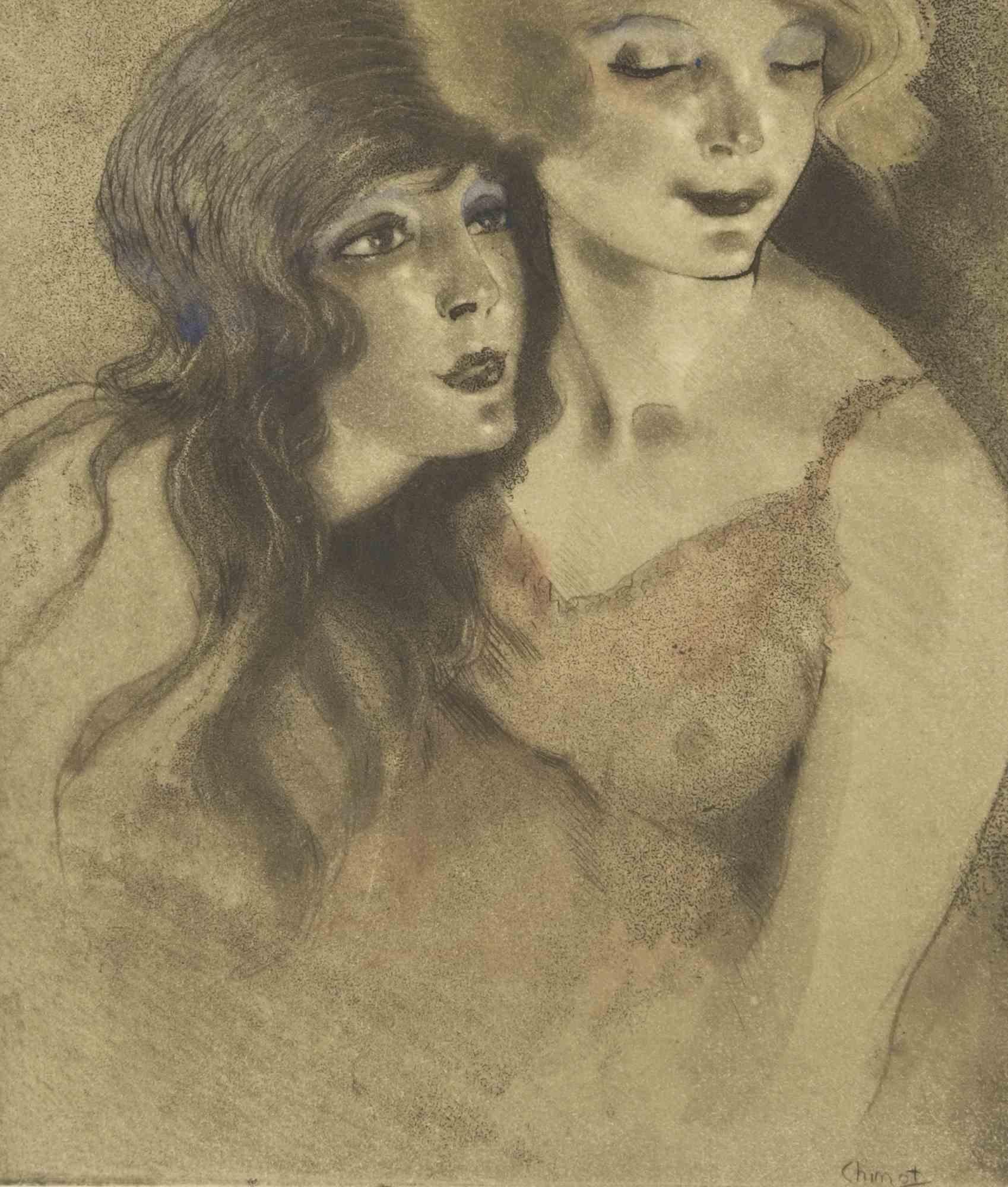 Friends - Etching by Edouard Chimot - 1930s For Sale 1