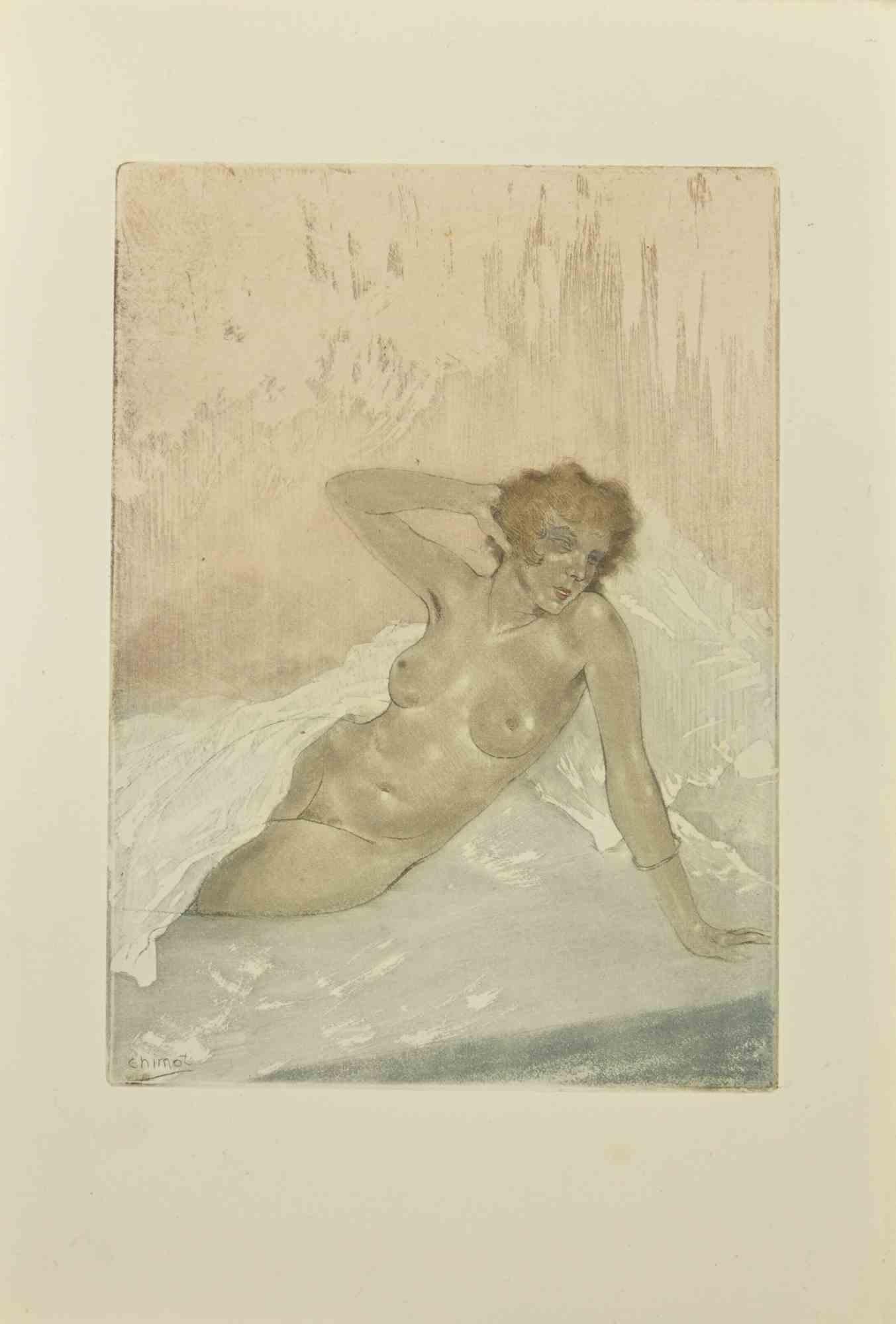 Gravure d'un nu par Edouard Chimot - années 1930