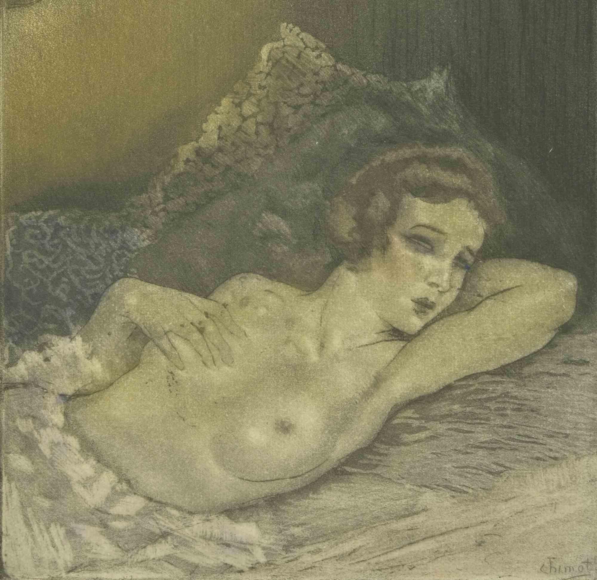 Akt auf dem Bett –  Radierung von Edouard Chimot – 1930er-Jahre im Angebot 1