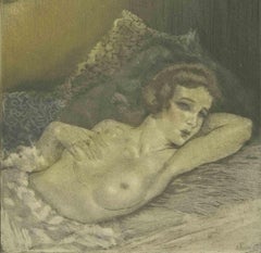 Nu sur le lit -  Gravure d'Edouard Chimot - années 1930