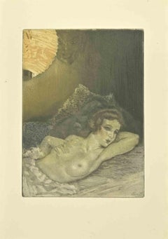 Nude on the Bed -  Etching by Edouard Chimot - 1930s