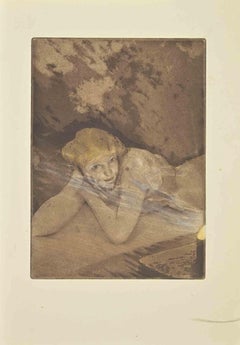 Nu sur le lit -  Gravure d'Edouard Chimot - années 1930