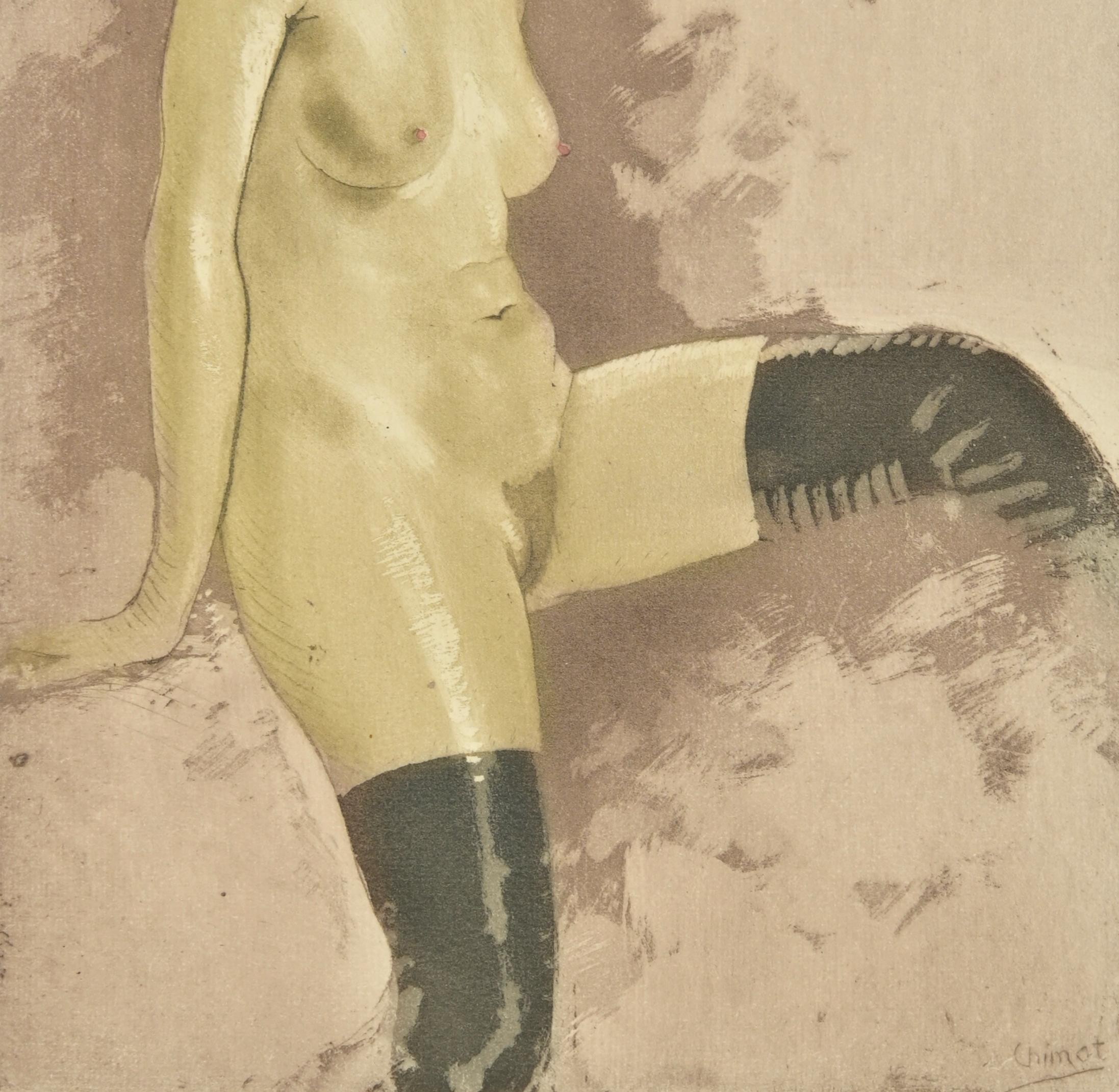 Nude with Stockings -  Etching by Edouard Chimot - 1930s For Sale 1