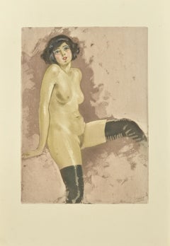 Nude with Stockings -  Etching by Edouard Chimot - 1930s