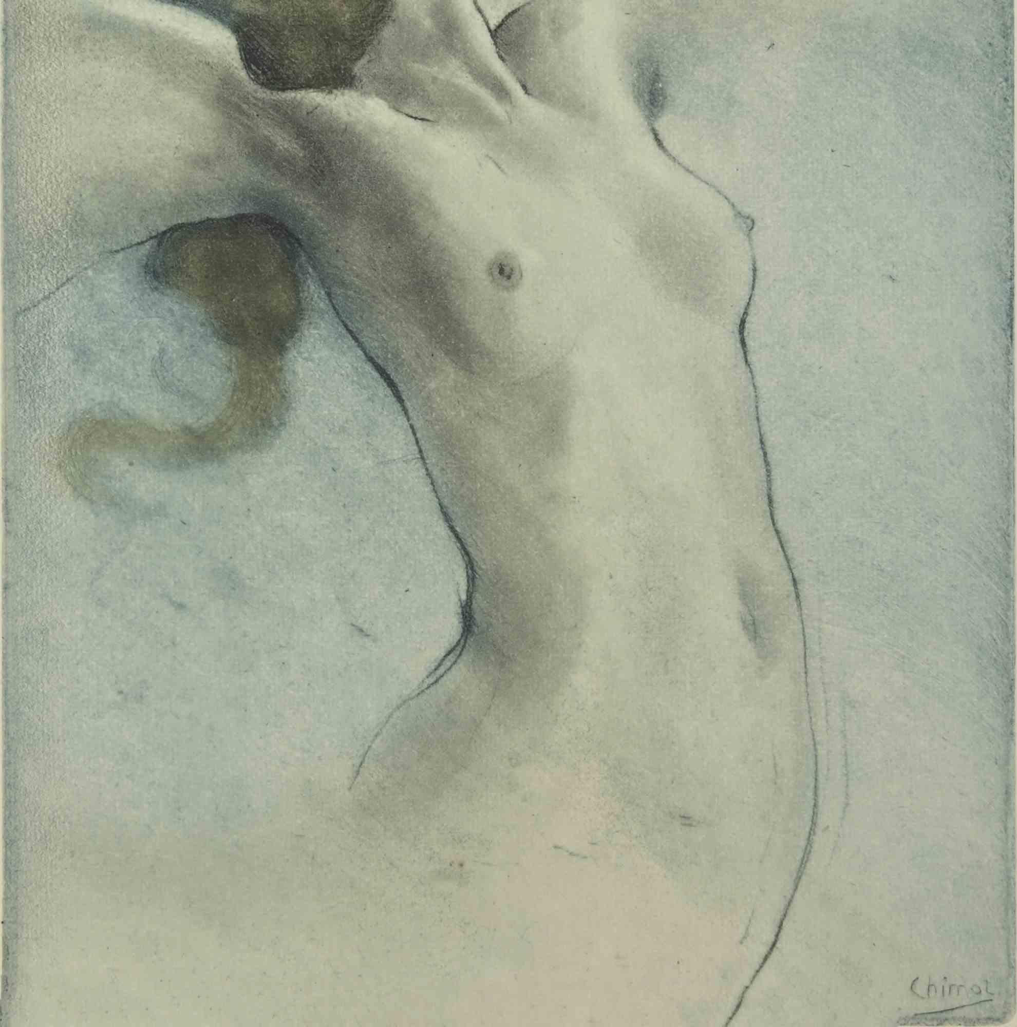 Nude with Wings -  Etching by Edouard Chimot - 1930s For Sale 1
