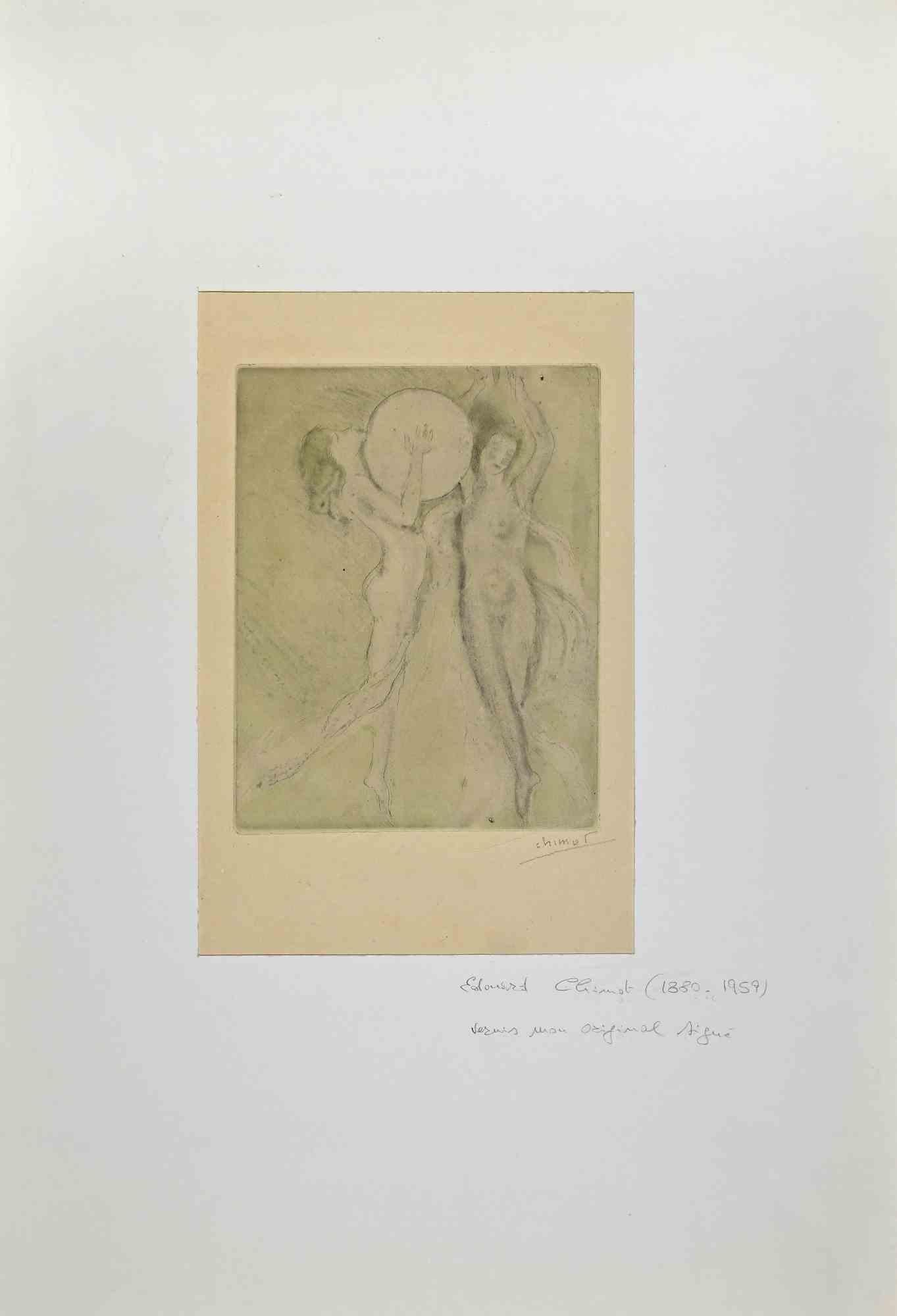 Two Figures is an Original etching monotype realized by Edouard Chimot.

The artwork is in good condition on the yellowed paper, included a cardboard passpartout (51x35 cm).

Hand-signed by the artist on the lower right corner.

Represents two nudes