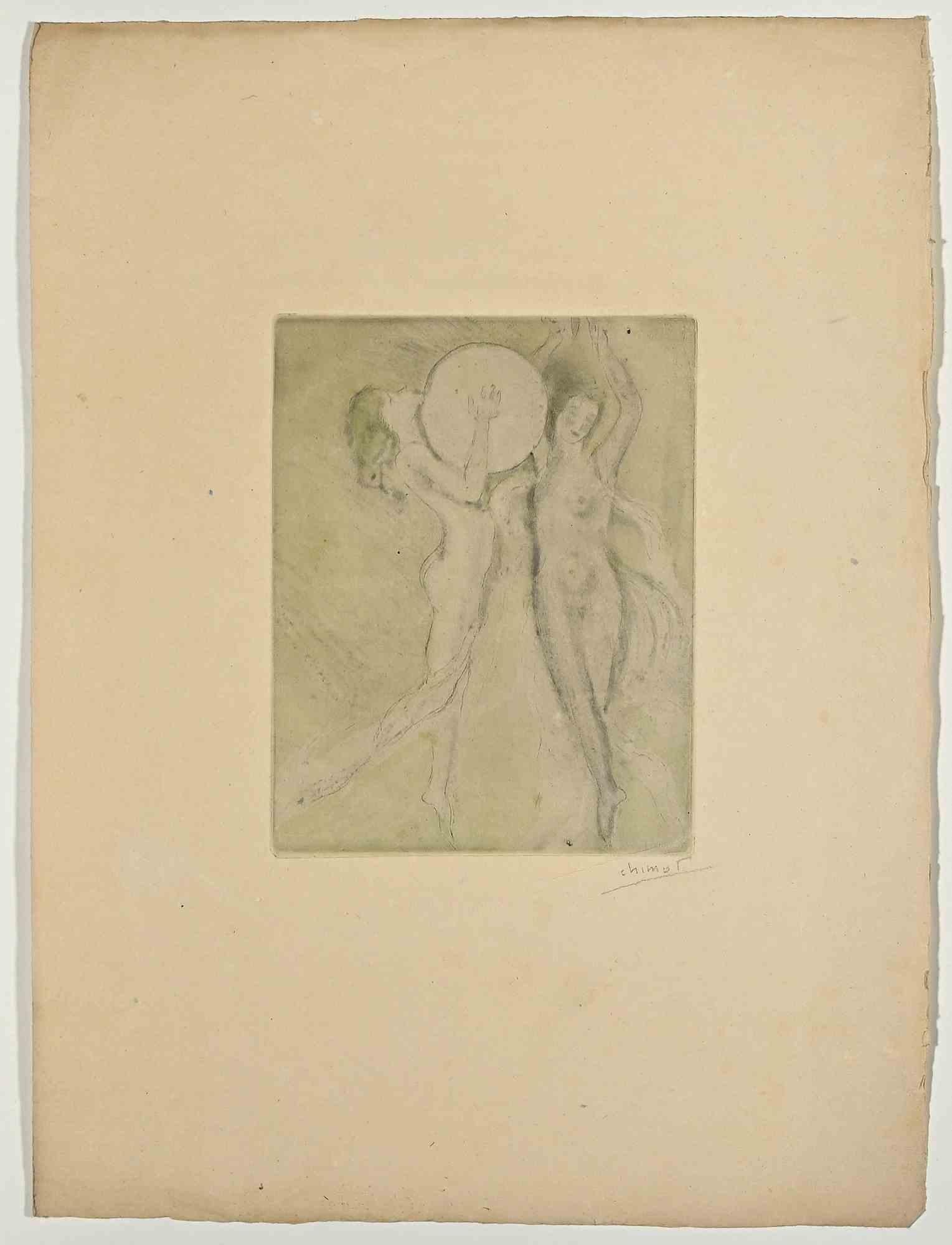 Two Figures is an Original etching monotype realized by Edouard Chimot.

The artwork is in good condition on the yellowed paper, included a cardboard passpartout (51x35 cm).

Hand-signed by the artist on the lower right corner.

Represents two nudes