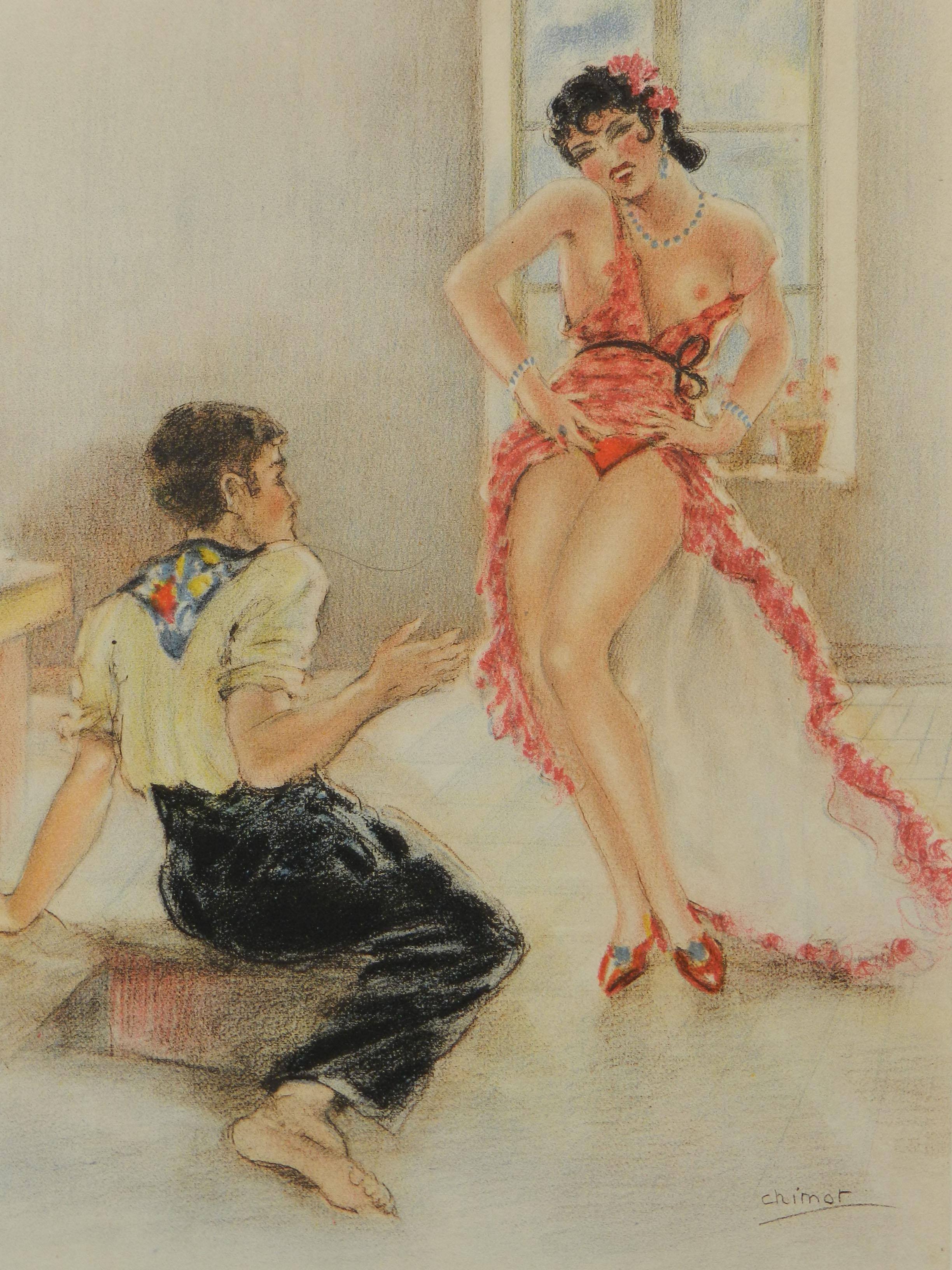 Spanisches Paar von Edward Chimot, nudefarbener Lithographie, um 1946 