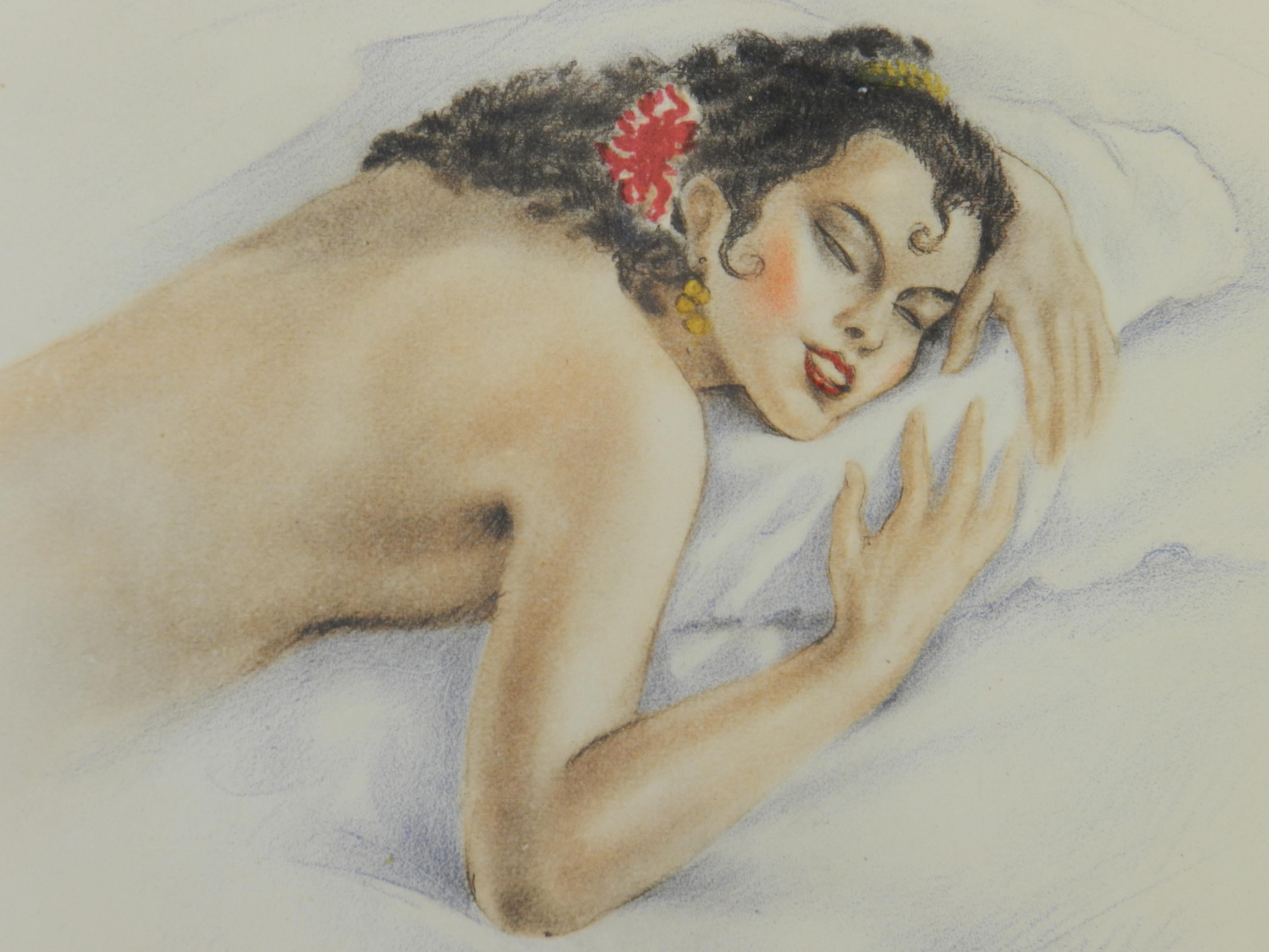 Spanische Dame von Edward Chimot, nudefarbener Lithographie, um 1946  – Print von Edouard Chimot