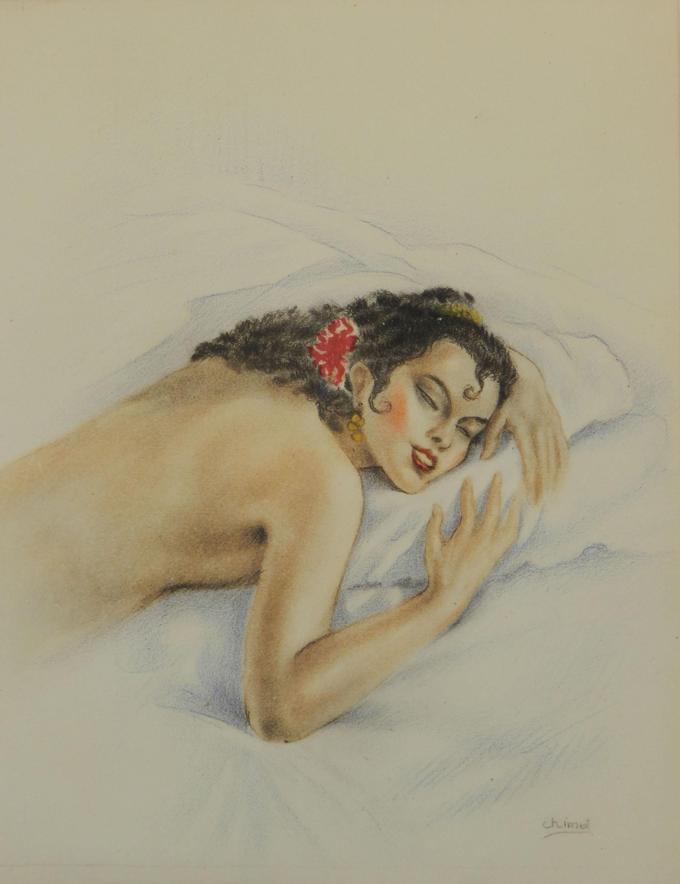 Spanische Dame von Edward Chimot, nudefarbener Lithographie, um 1946 