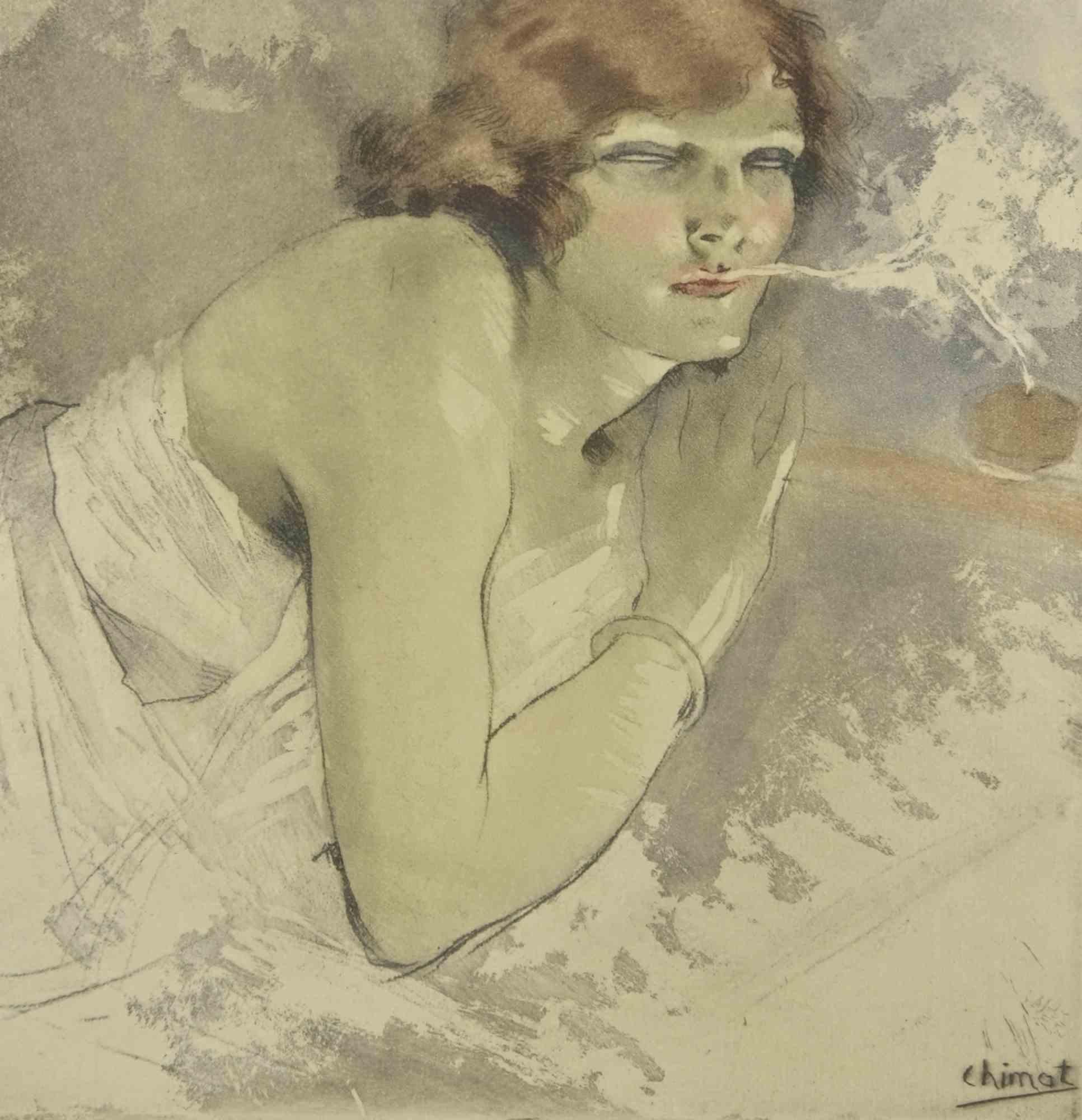 Das rauchende Mädchen –  Radierung von Edouard Chimot – 1930er-Jahre im Angebot 1