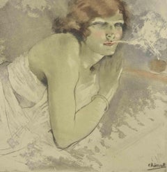 La jeune fille qui fume - Gravure d'Edouard Chimot - années 1930