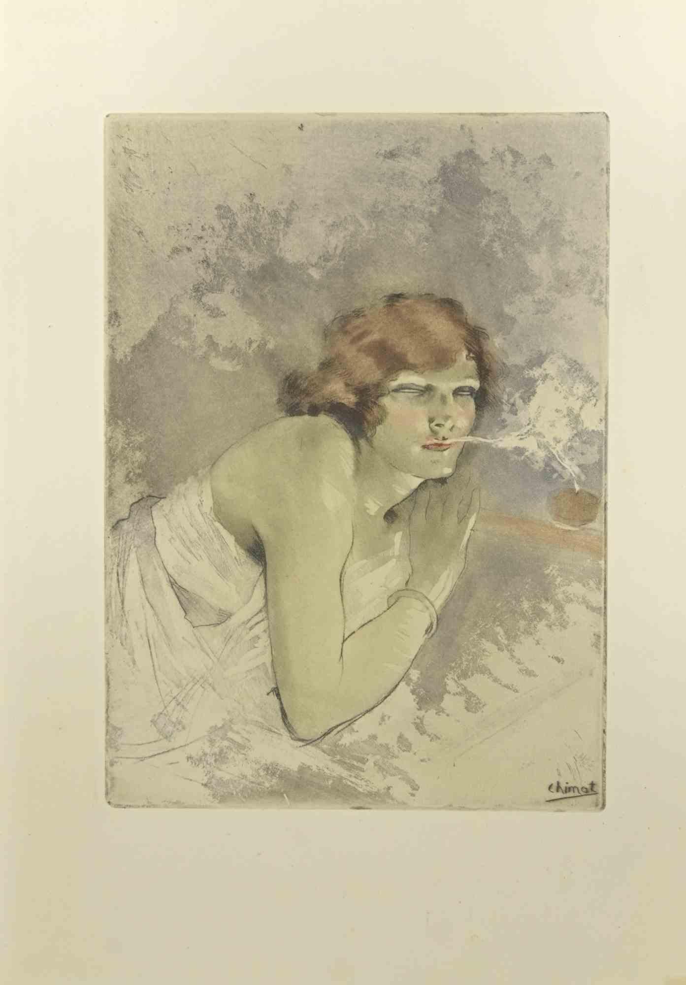 La jeune fille qui fume -  Gravure d'Edouard Chimot - années 1930