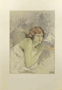 The Smoking Girl -  Etching by Edouard Chimot - 1930s